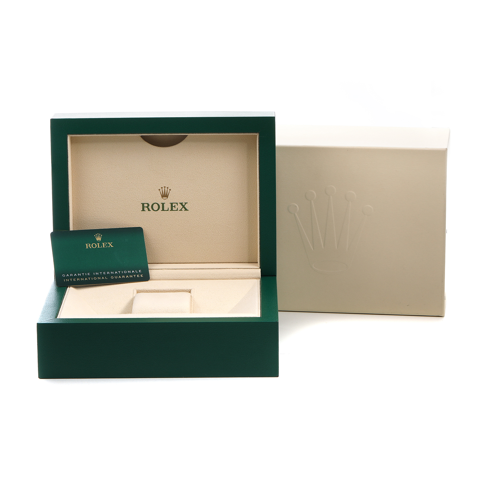 The image shows an open Rolex GMT-Master 126715 Men's Rose Gold Black Dial watch box with an international guarantee card beside it, angled from the front.
