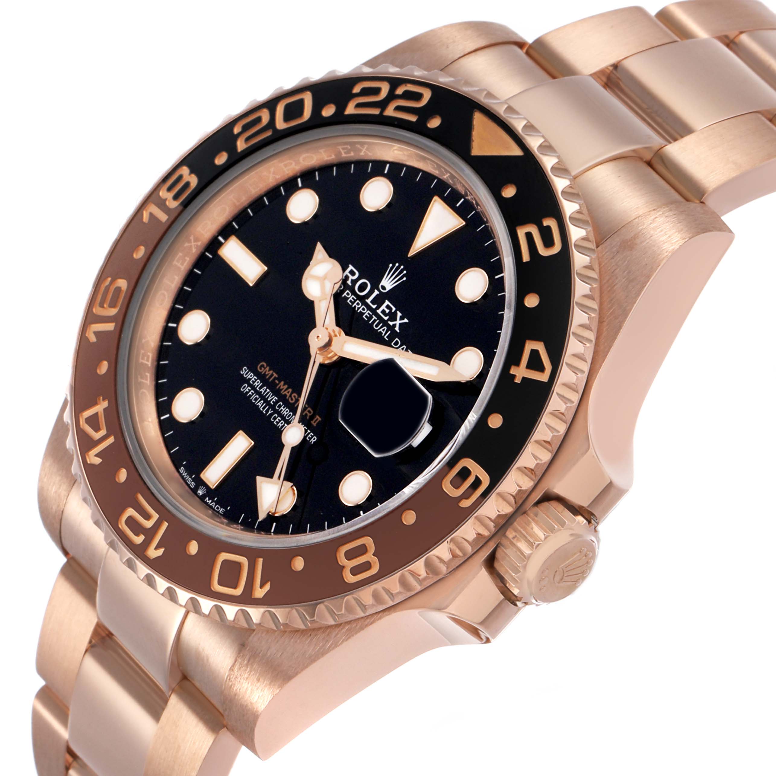 The Rolex GMT-Master 126715 Men's Rose Gold Black Dial is shown at a slight side angle, displaying its rose gold case, bezel, dial, and bracelet.