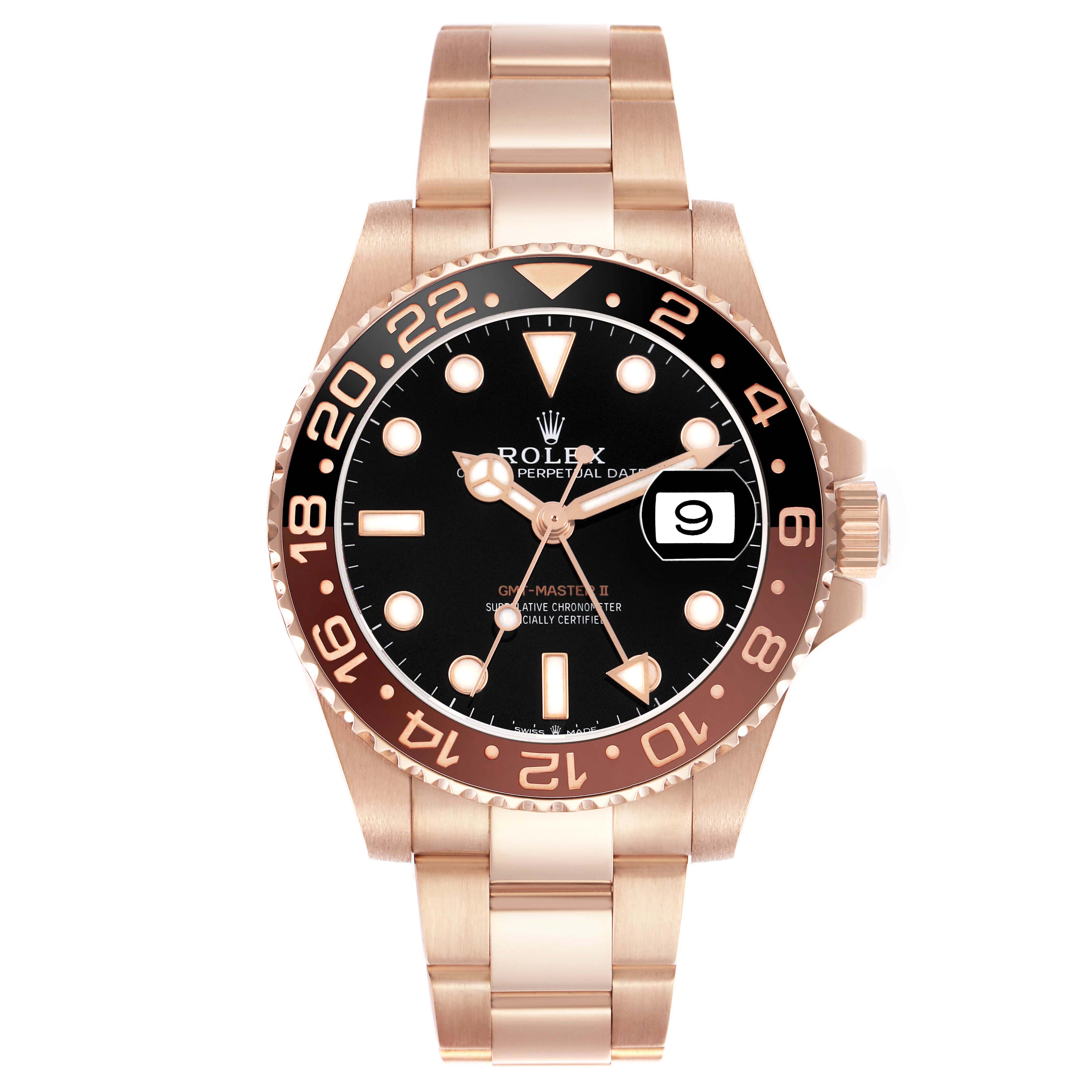 The Rolex GMT-Master 126715 Men's Rose Gold Black Dial watch is shown from the front, displaying the dial, bezel, and bracelet clearly.
