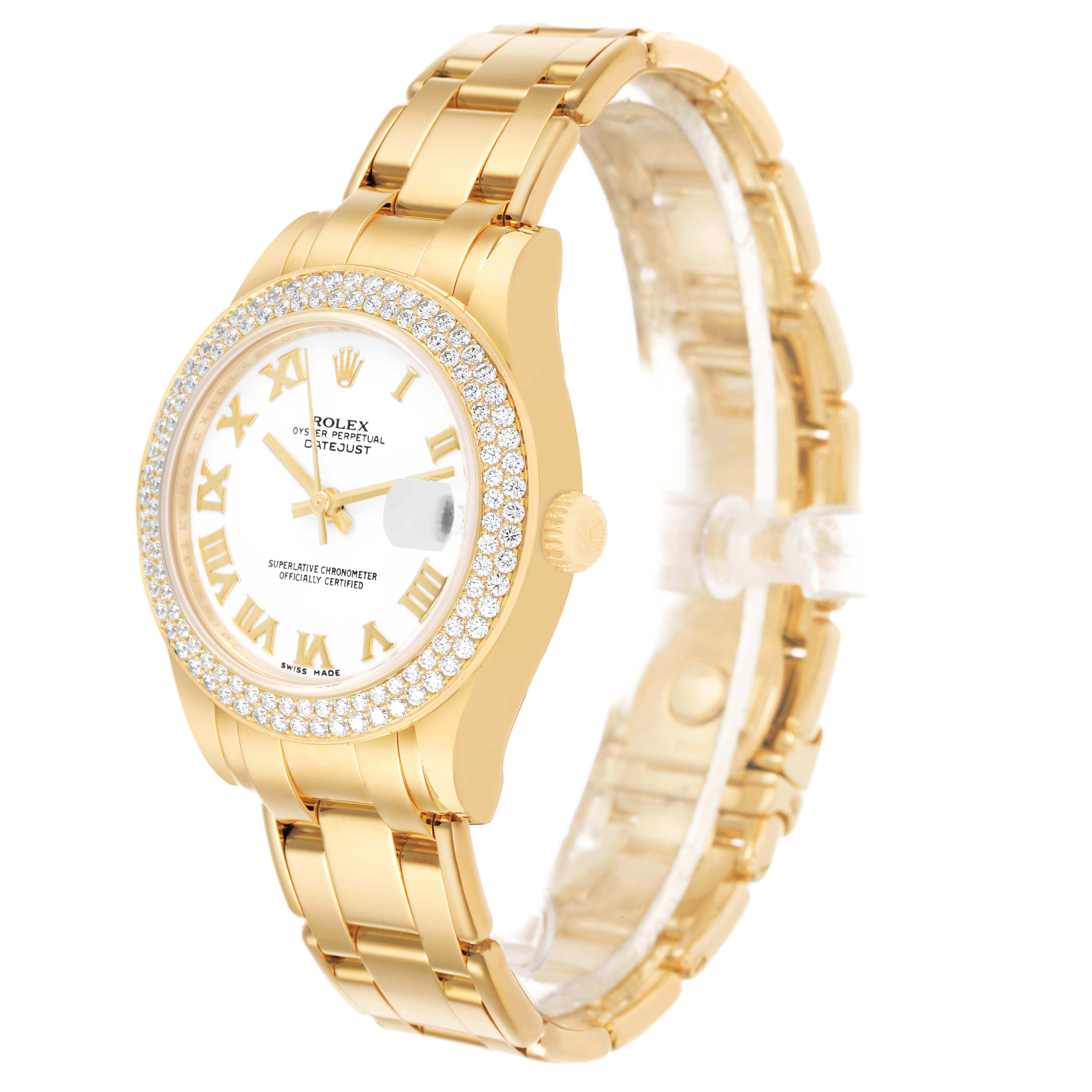 The Rolex Pearlmaster 81338 Women's Yellow Gold White Dial watch is shown at a three-quarter angle, highlighting the face, bezel, crown, and bracelet.