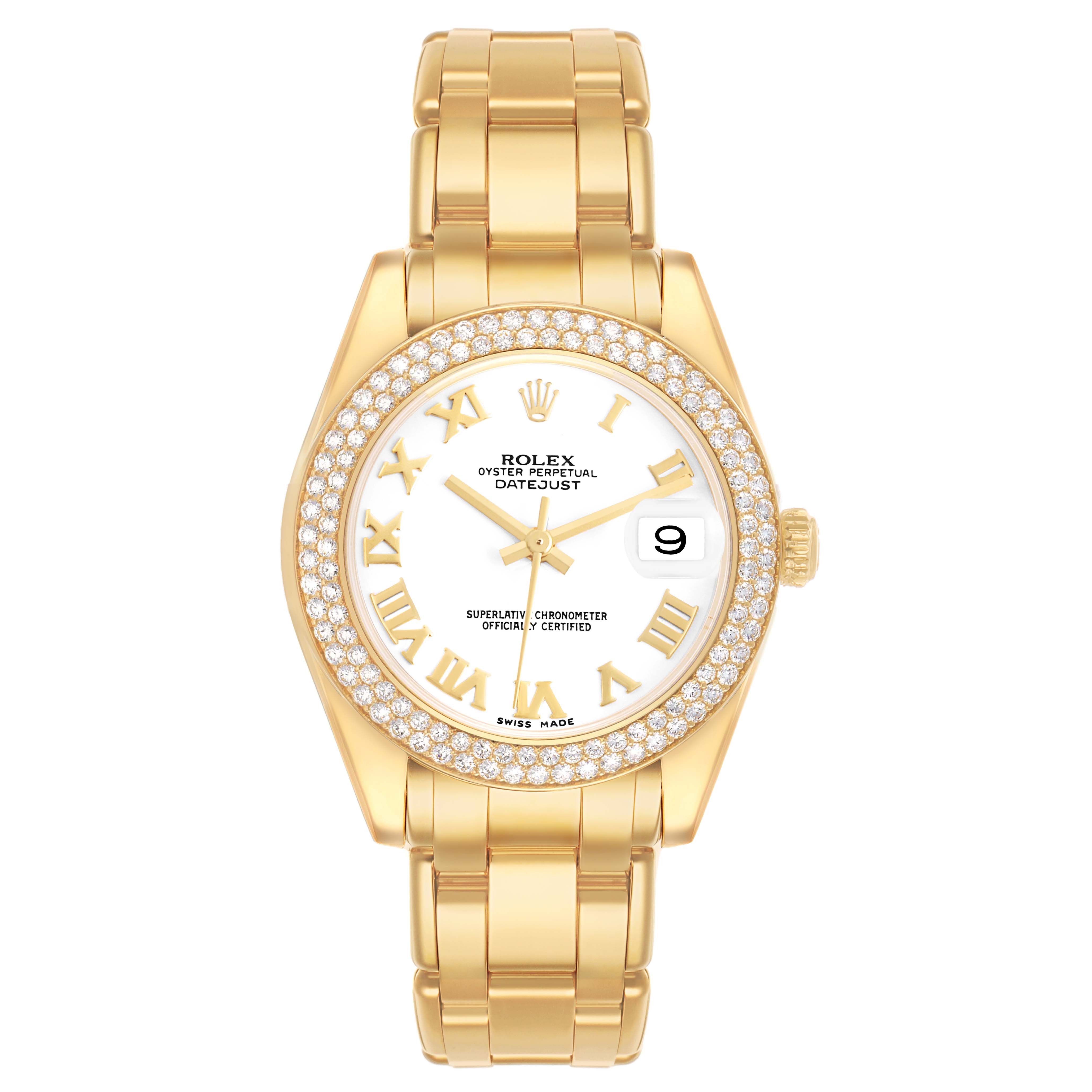 The Rolex Pearlmaster 81338 Women's Yellow Gold White Dial watch is shown from a front angle, highlighting the dial, bezel, and bracelet.