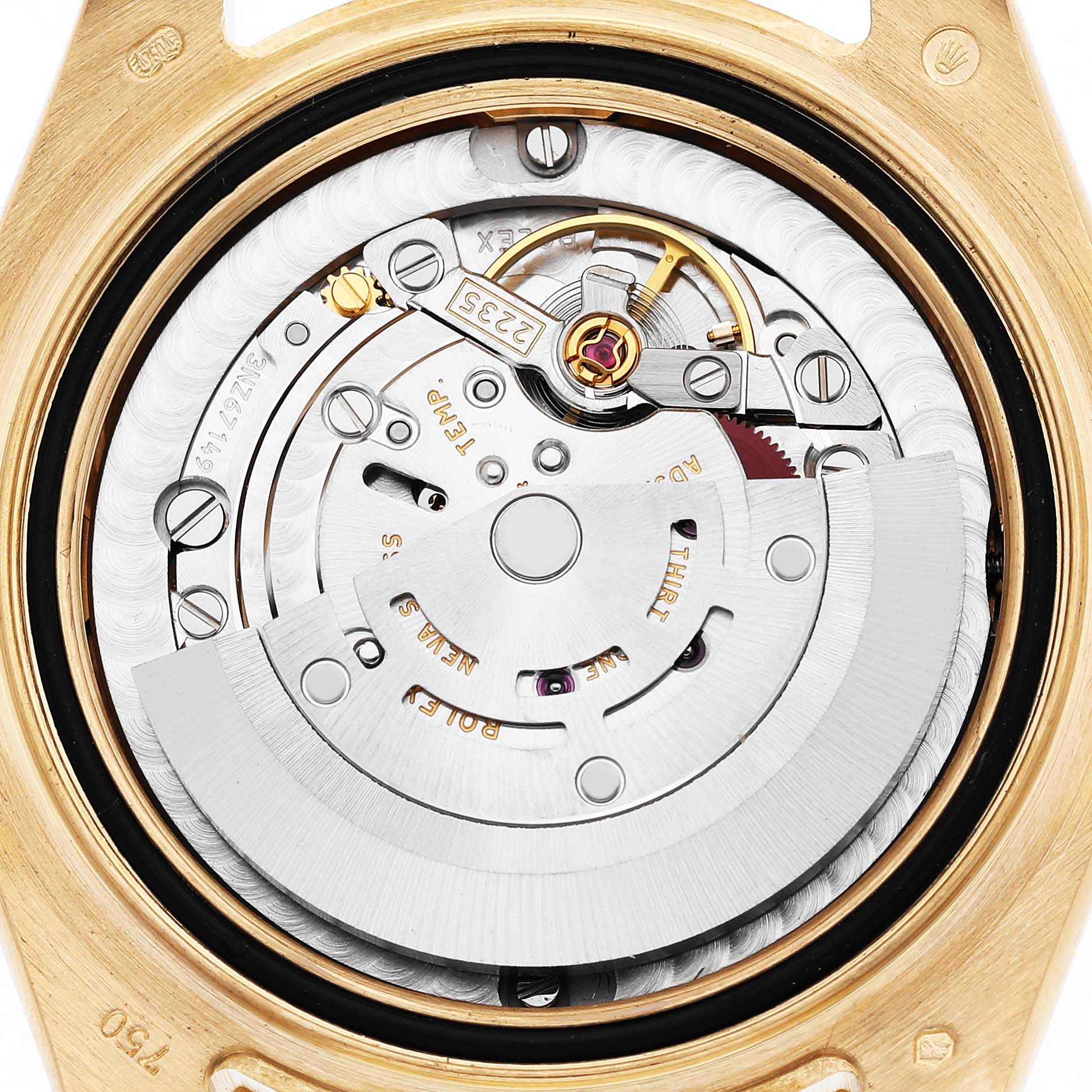 The image shows the movement of a Rolex Pearlmaster 81338 Women's Yellow Gold White Dial watch viewed from the back, highlighting its intricate mechanics and rotor.