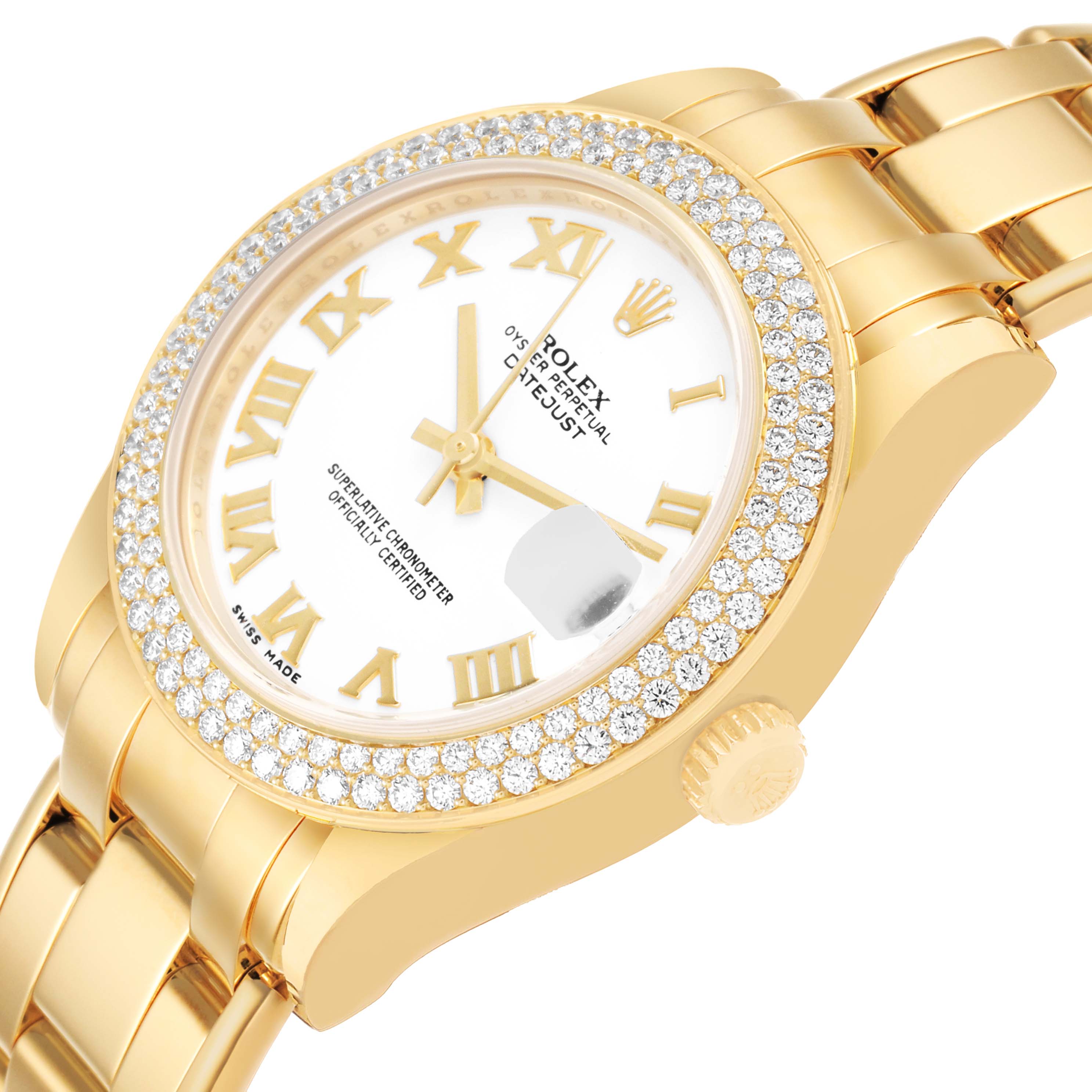 The Rolex Pearlmaster 81338 Women's Yellow Gold White Dial watch is shown at a slight angle, displaying its diamond-studded bezel, dial, and crown.