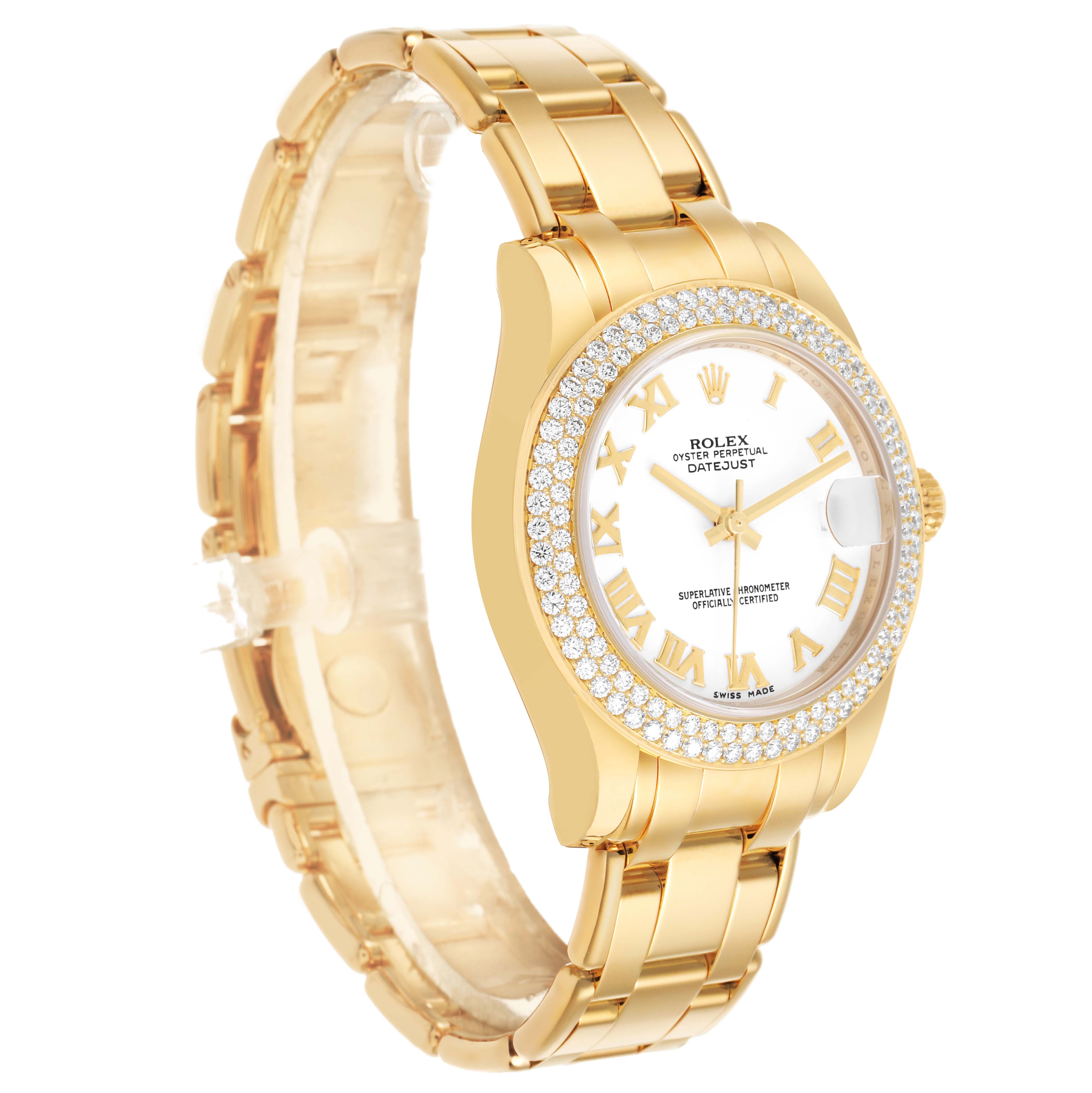 The Rolex Pearlmaster 81338 Women's Yellow Gold White Dial watch is shown at a three-quarter angle, highlighting the bezel, dial, and bracelet.