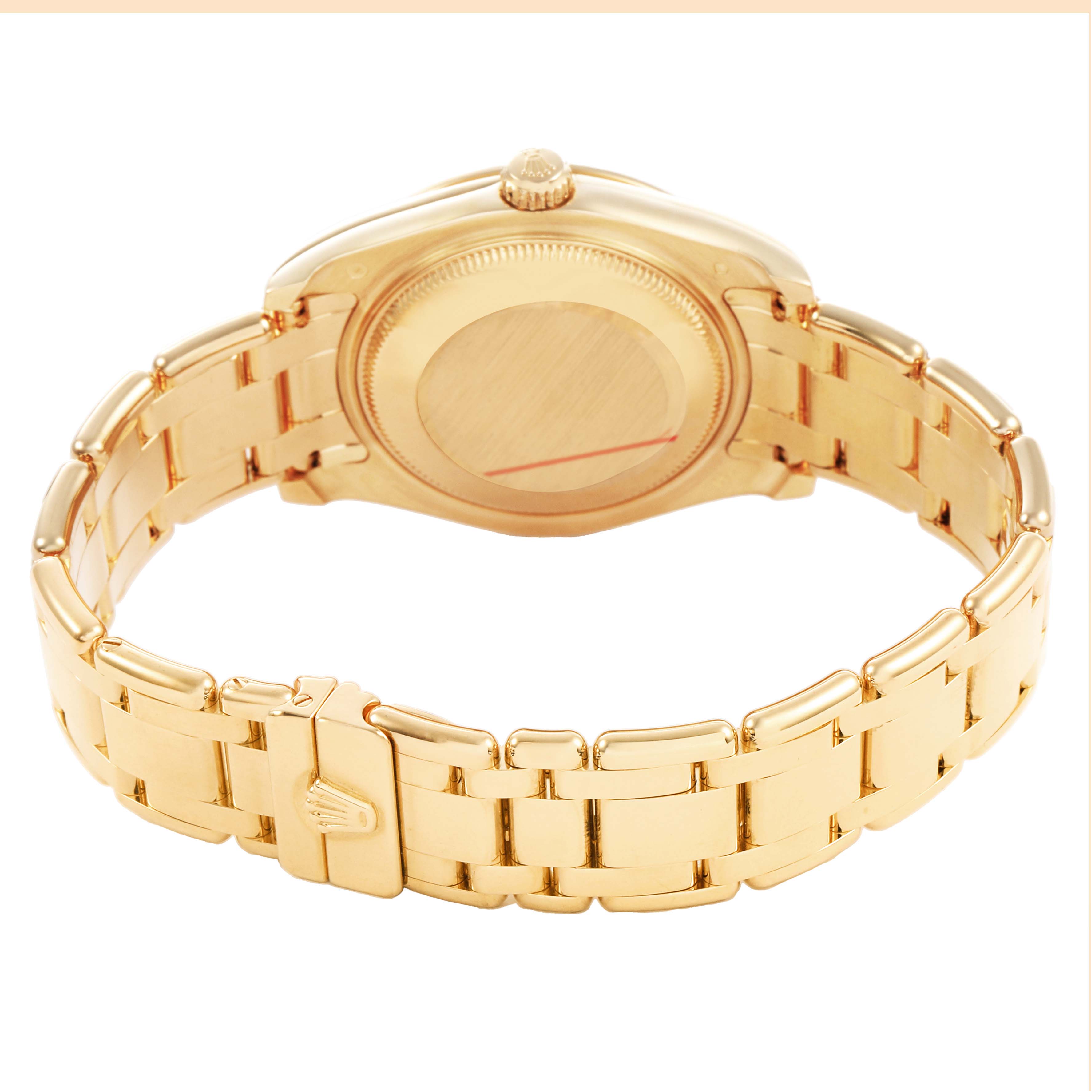 The Rolex Pearlmaster 81338 Women's Yellow Gold White Dial watch is shown from the back, highlighting the gold bracelet and case back.