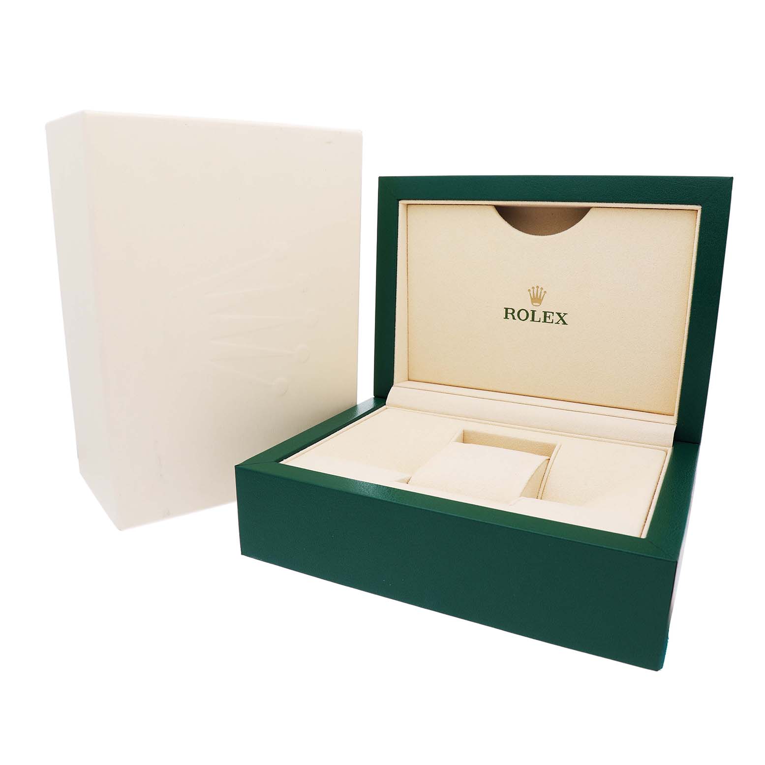 The image shows an open Rolex Pearlmaster 81338 Women's Yellow Gold White Dial watch box and packaging, viewed from the front slightly to the side.