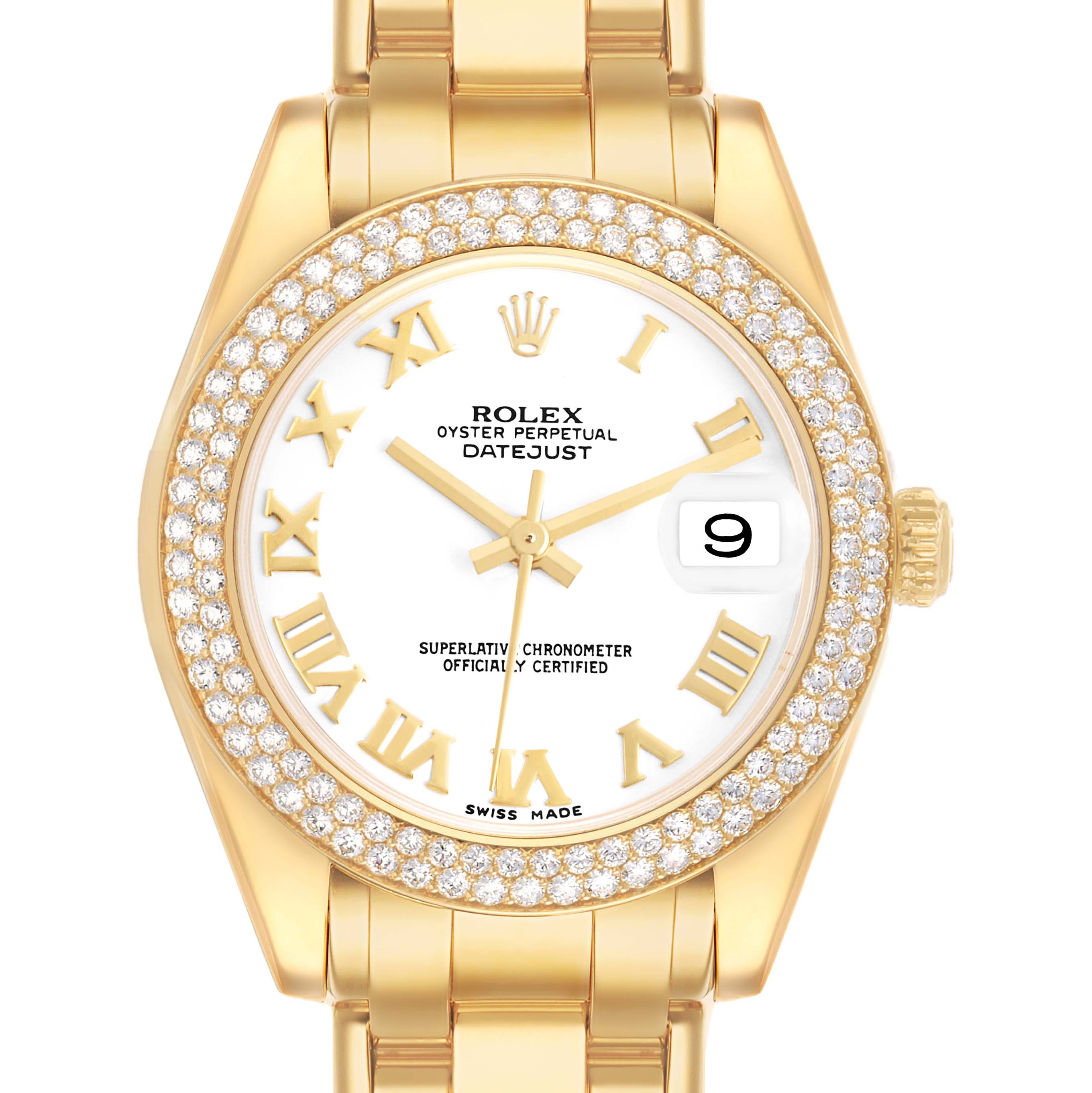 The image shows a Rolex Pearlmaster 81338 Women's Yellow Gold White Dial watch from a front angle, highlighting its diamond-studded bezel, white dial, and gold bracelet.