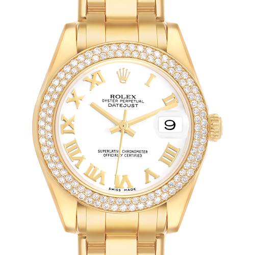 The Rolex Pearlmaster 81338 Women's Yellow Gold White Dial watch is shown from the front, displaying the gold bracelet, diamond bezel, and dial with Roman numerals.