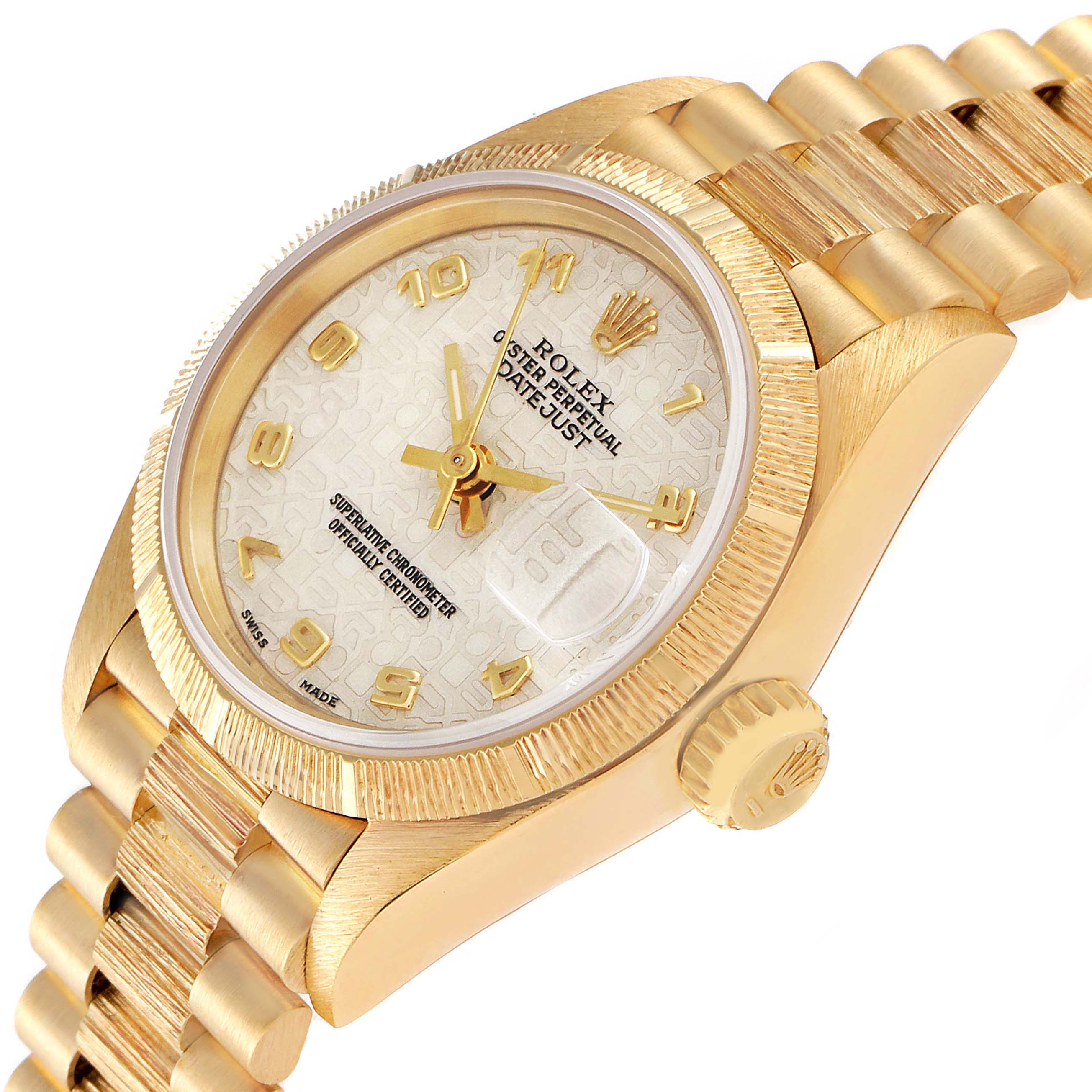 This image shows a Rolex President 69278 Women's Yellow Gold Beige Dial 69278 Women's Yellow Gold Beige Dial model watch at an oblique angle, highlighting the dial, bezel, crown, and bracelet.