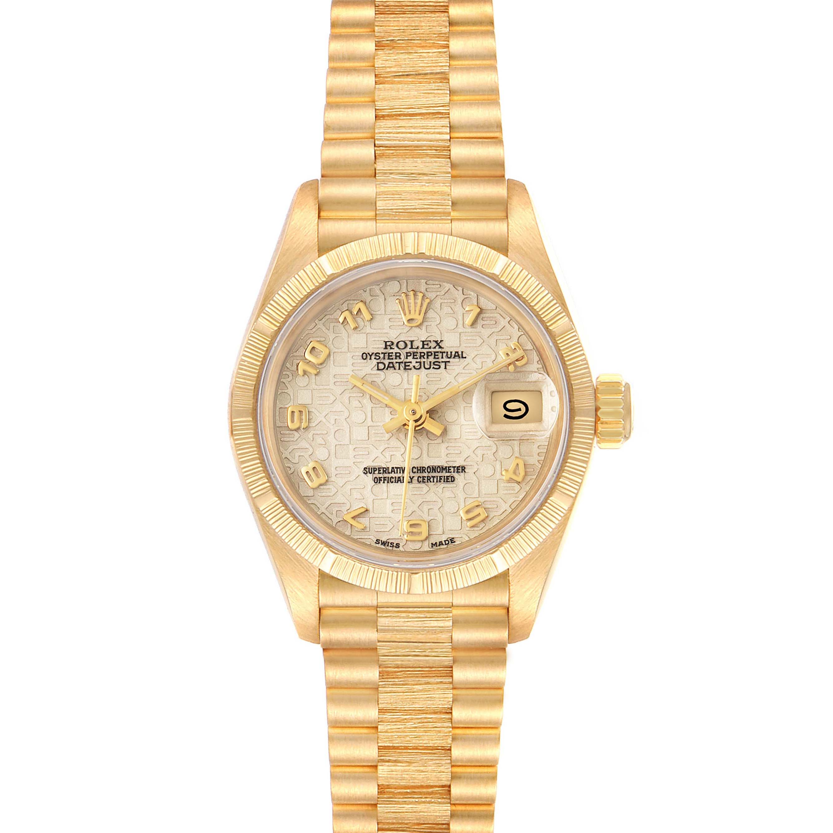 This image shows a front view of a Rolex President 69278 Women's Yellow Gold Beige Dial 69278 Women's Yellow Gold Beige Dial model watch with a gold bracelet and dial, featuring a date display.