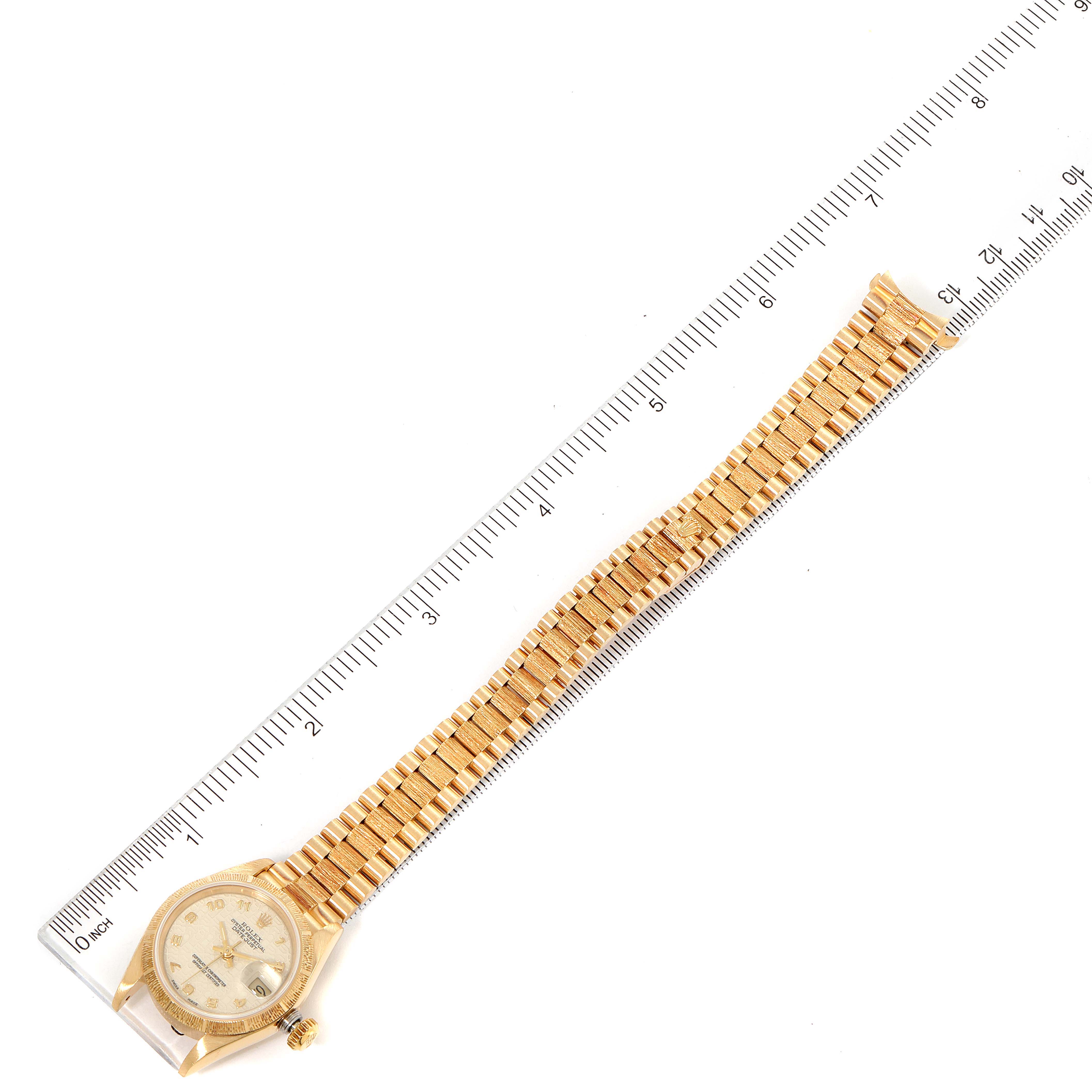 The image shows a Rolex President 69278 Women's Yellow Gold Beige Dial 69278 Women's Yellow Gold Beige Dial model watch laid flat, aligned next to a ruler for size measurement.