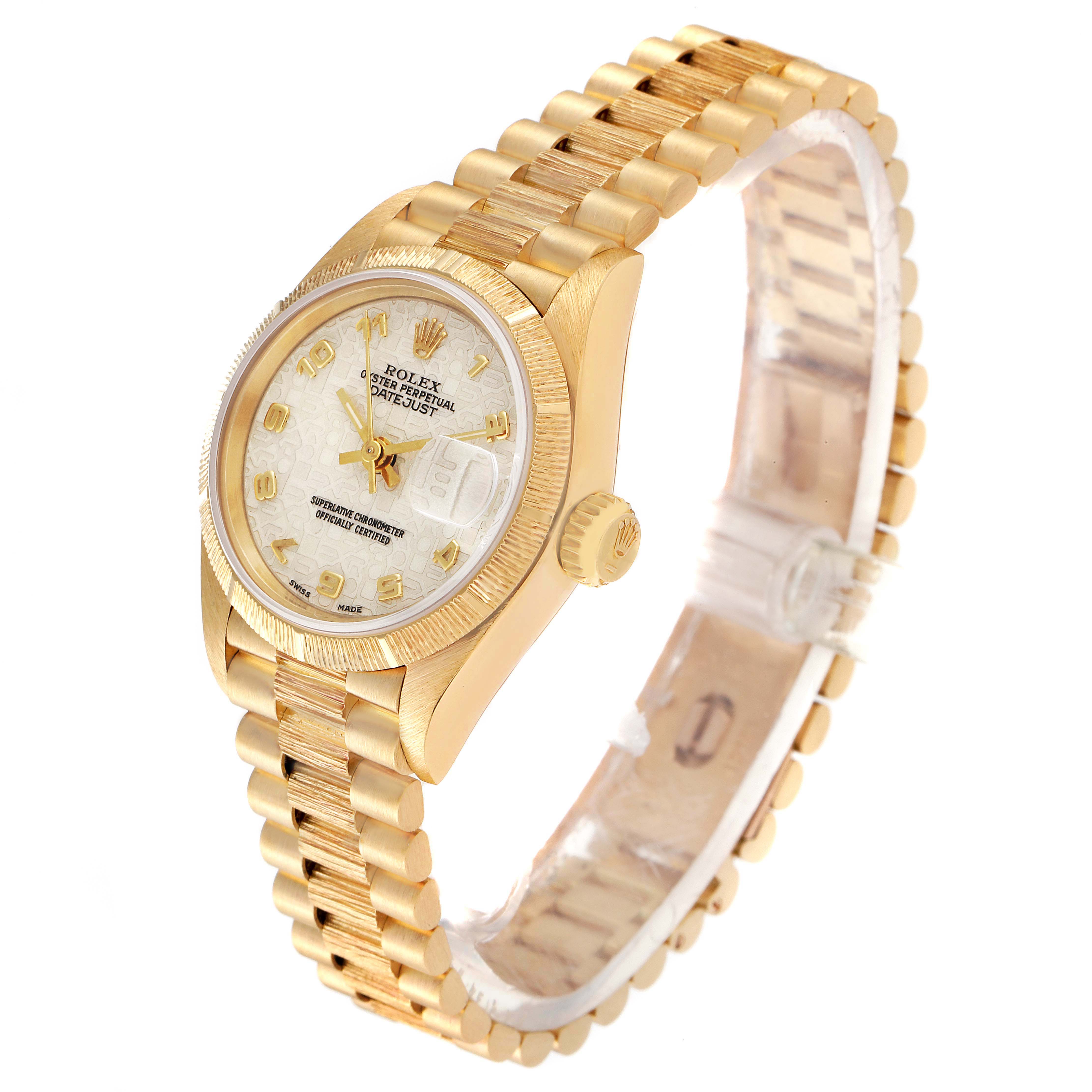 This is a side-angle view of a golden Rolex President 69278 Women's Yellow Gold Beige Dial 69278 Women's Yellow Gold Beige Dial model watch, showcasing its face, bezel, band, and crown.