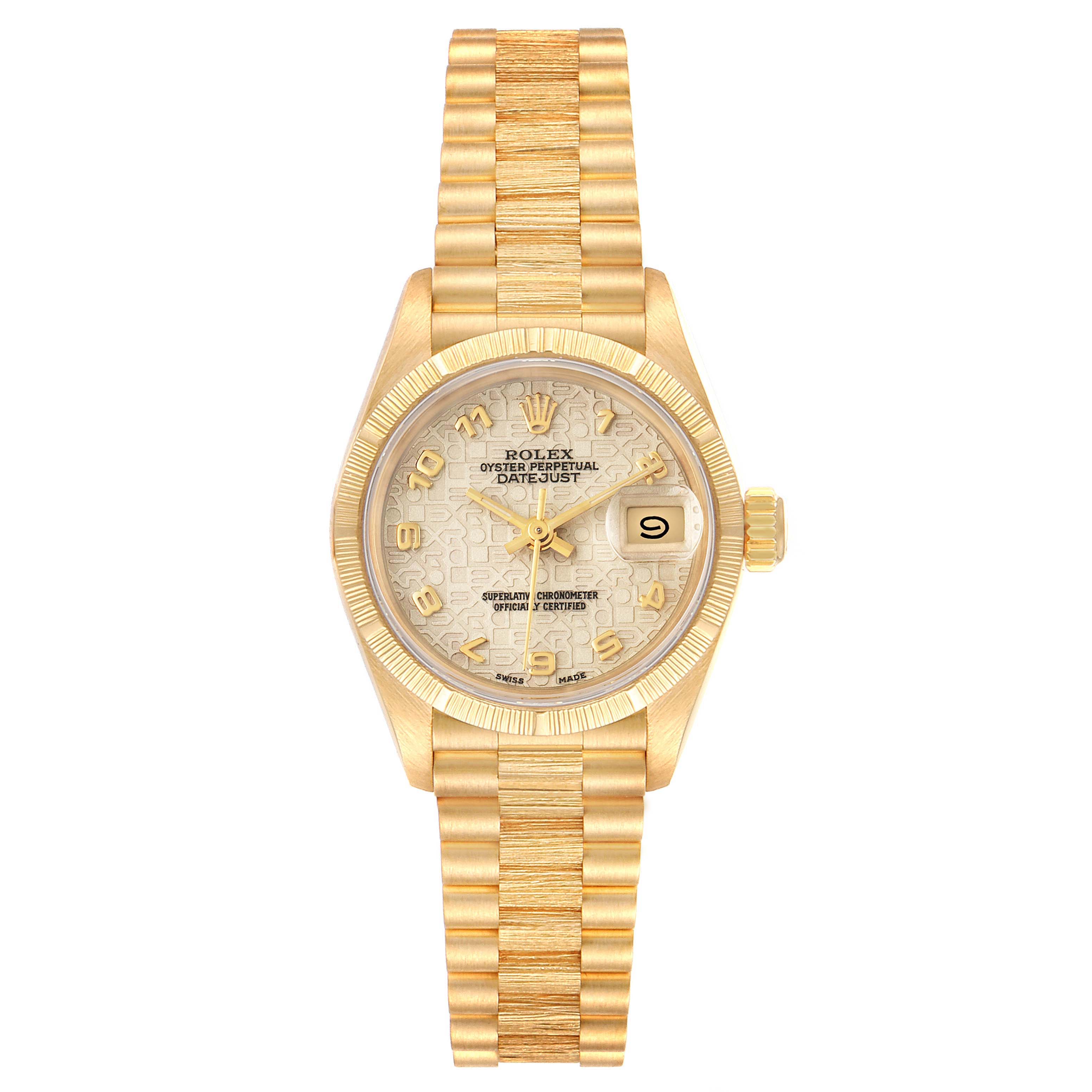 Front view of a Rolex President 69278 Women's Yellow Gold Beige Dial 69278 Women's Yellow Gold Beige Dial model watch, showing the dial, bracelet, and date window.