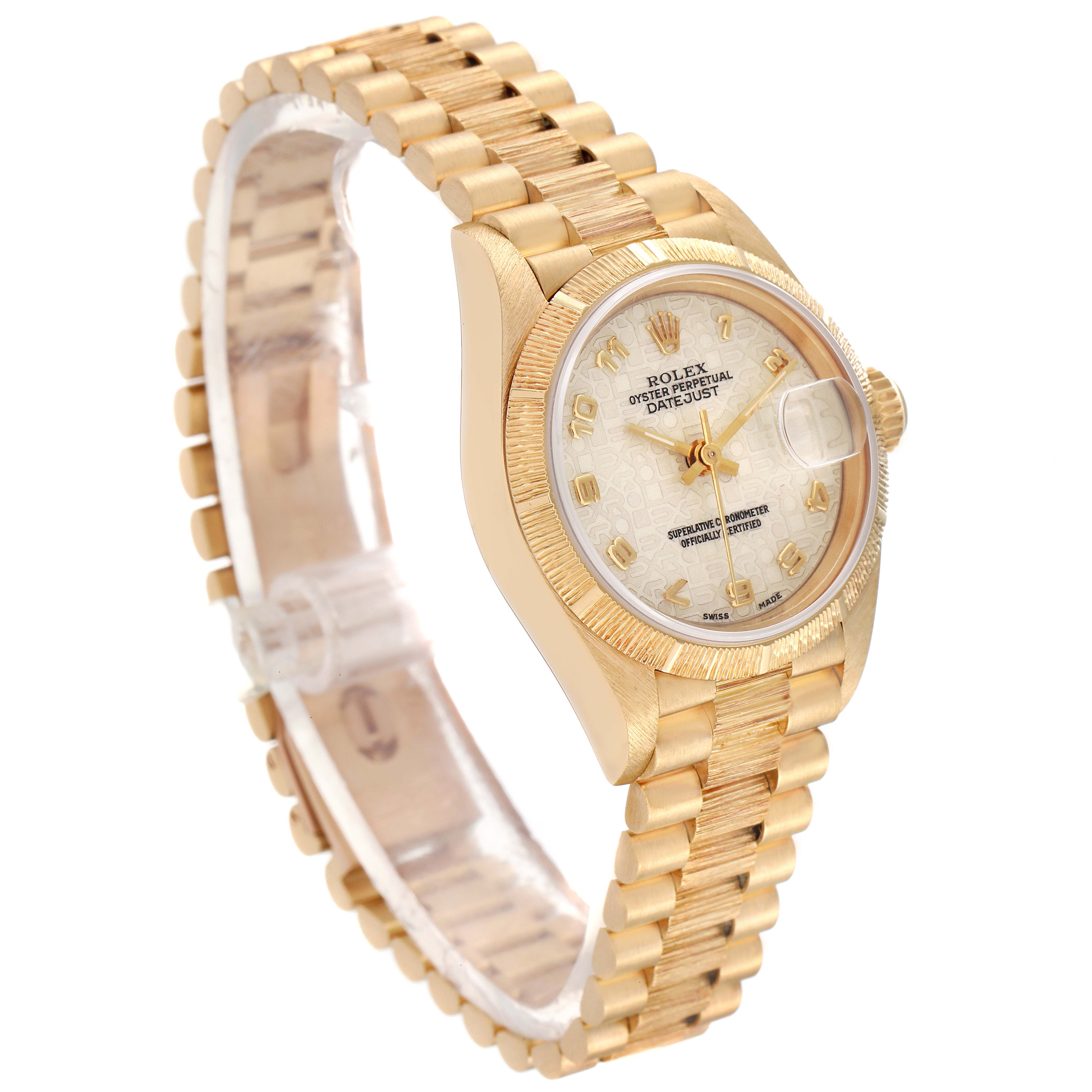 The image shows a Rolex President 69278 Women's Yellow Gold Beige Dial 69278 Women's Yellow Gold Beige Dial model watch, angled to highlight its gold bracelet and dial with a fluted bezel.