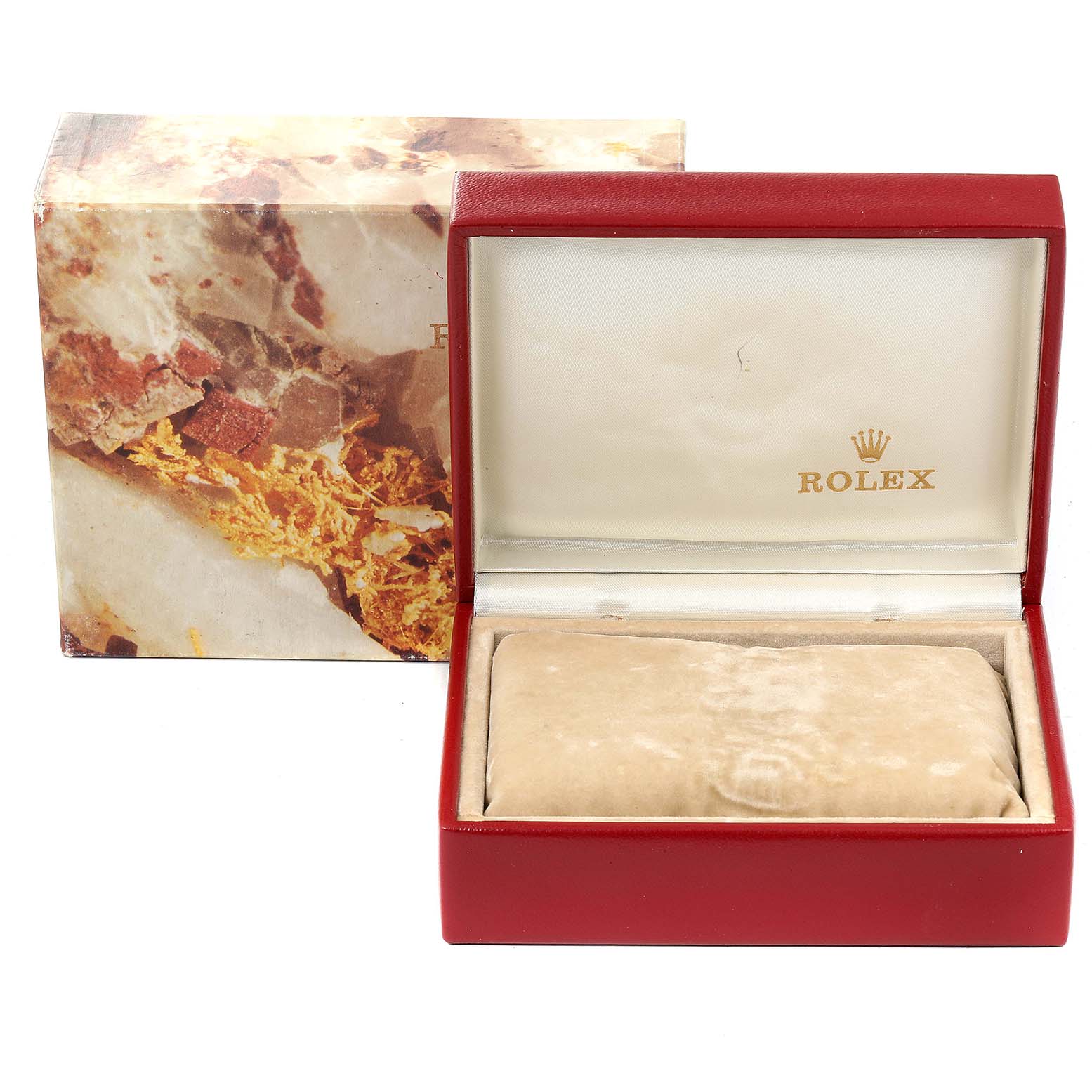 The image shows a Rolex President 69278 Women's Yellow Gold Beige Dial 69278 Women's Yellow Gold Beige Dial model watch box and cushion, with the lid open, displaying the brand logo inside.
