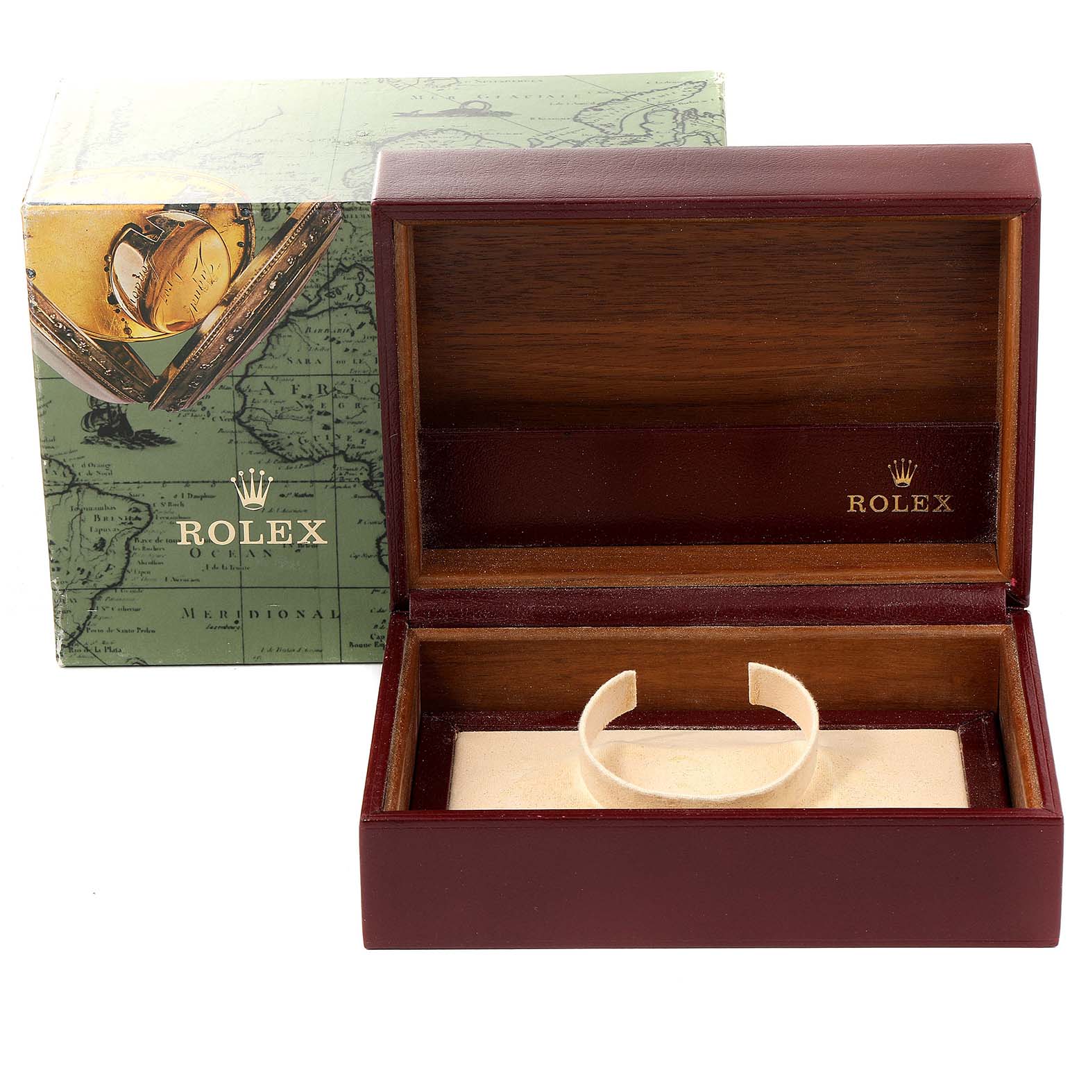 The image shows an open Rolex box for the President model, revealing the interior watch holder.