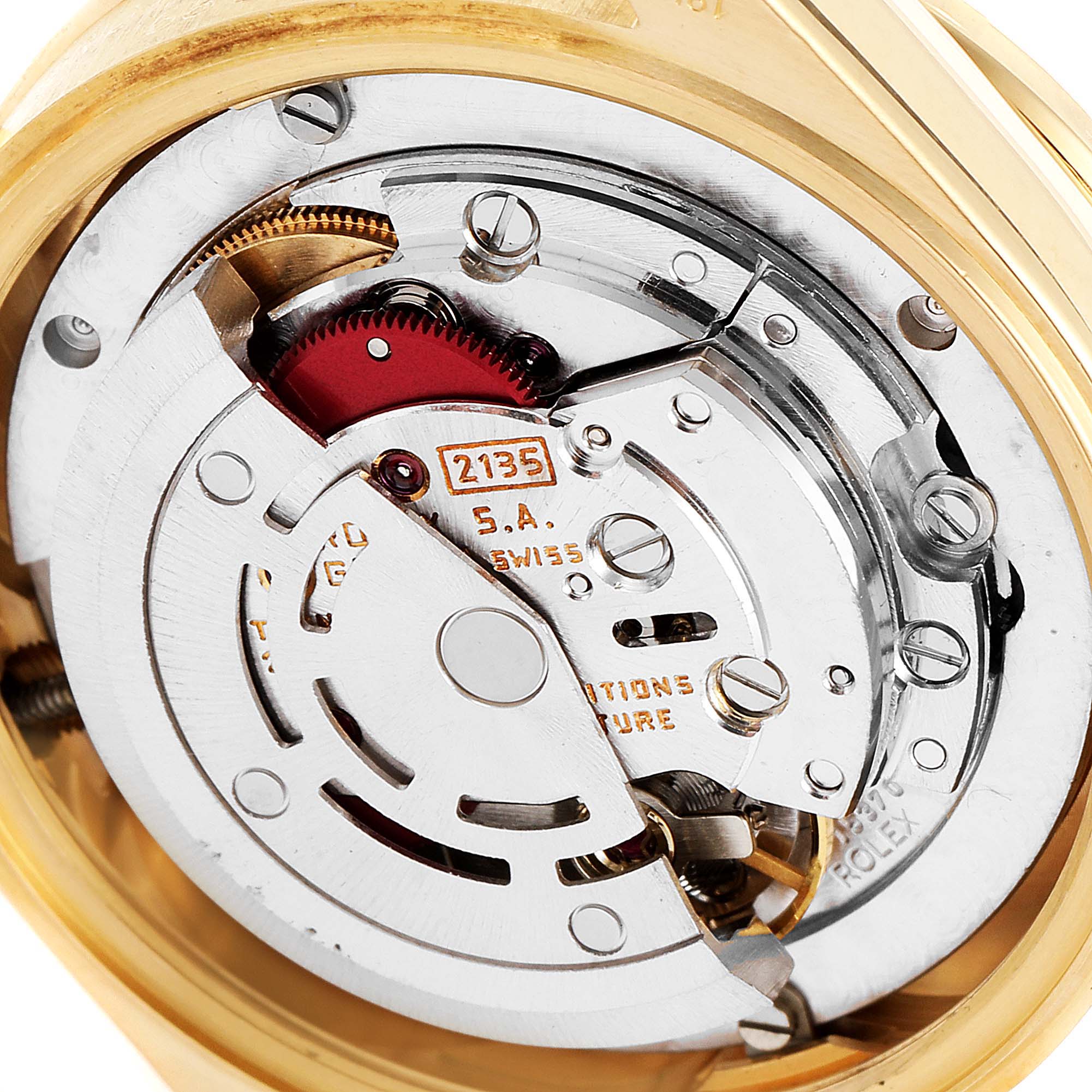 This image shows a close-up of the internal mechanism of a Rolex President 68288 Women's Yellow Gold Beige Dial 68288 Women's Yellow Gold Beige Dial model watch.