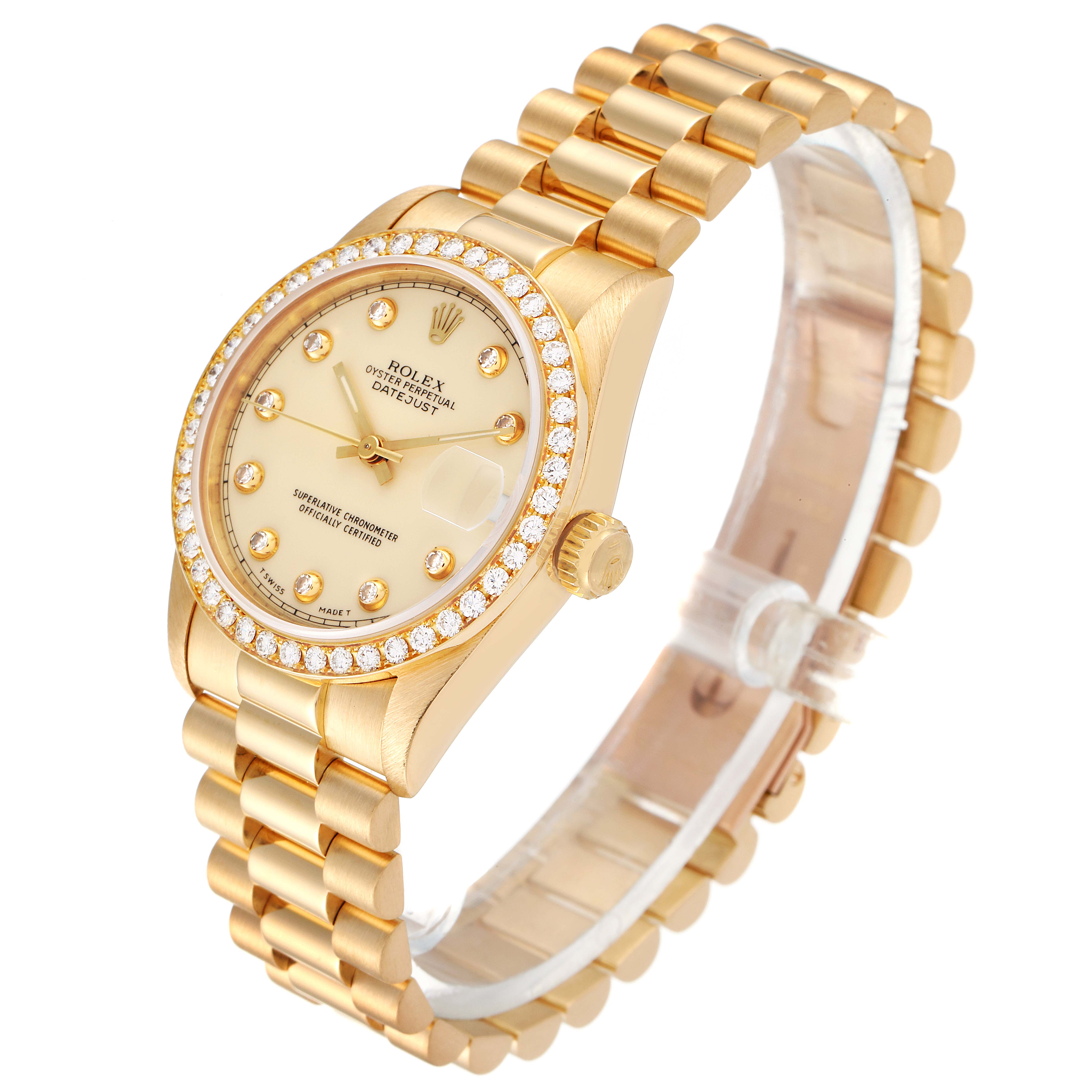 The image shows a side angle of a Rolex President 68288 Women's Yellow Gold Beige Dial 68288 Women's Yellow Gold Beige Dial watch, displaying its gold case, diamond-studded bezel, crown, and bracelet.