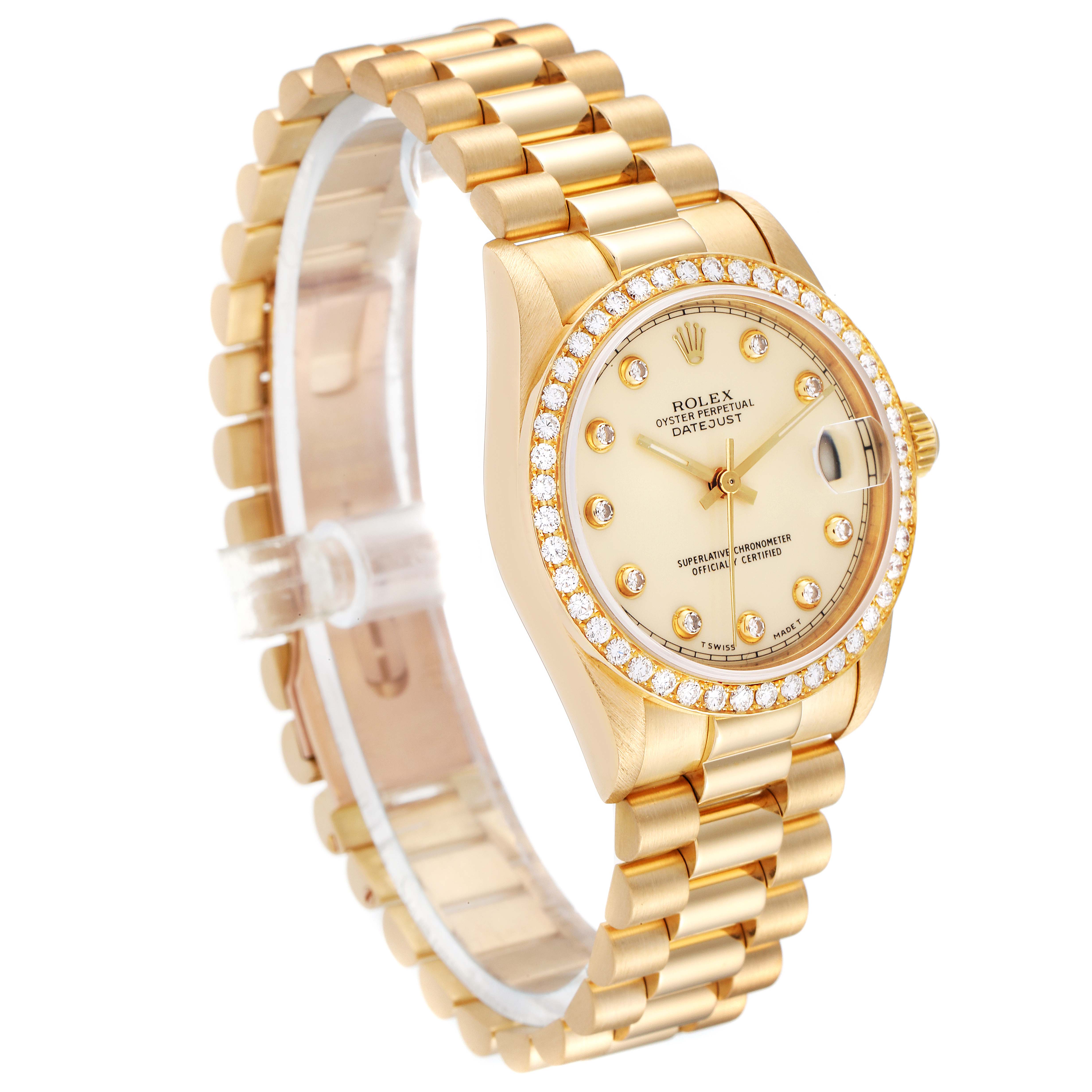 The image shows a President model Rolex watch from a front angle, highlighting its gold bracelet and diamond-studded bezel.