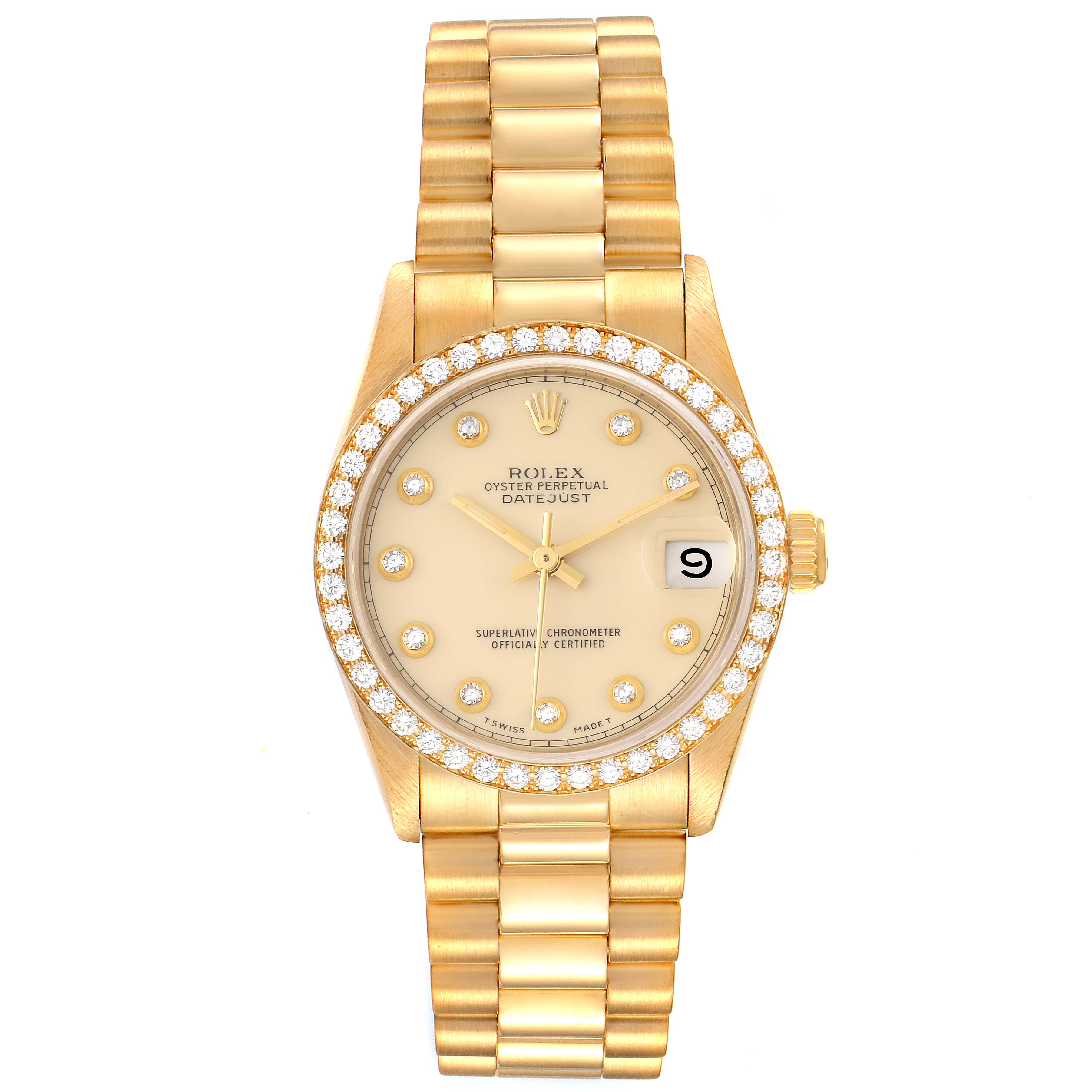 The image shows a front view of the Rolex President 68288 Women's Yellow Gold Beige Dial 68288 Women's Yellow Gold Beige Dial model watch, displaying the dial, case, bezel, and bracelet.