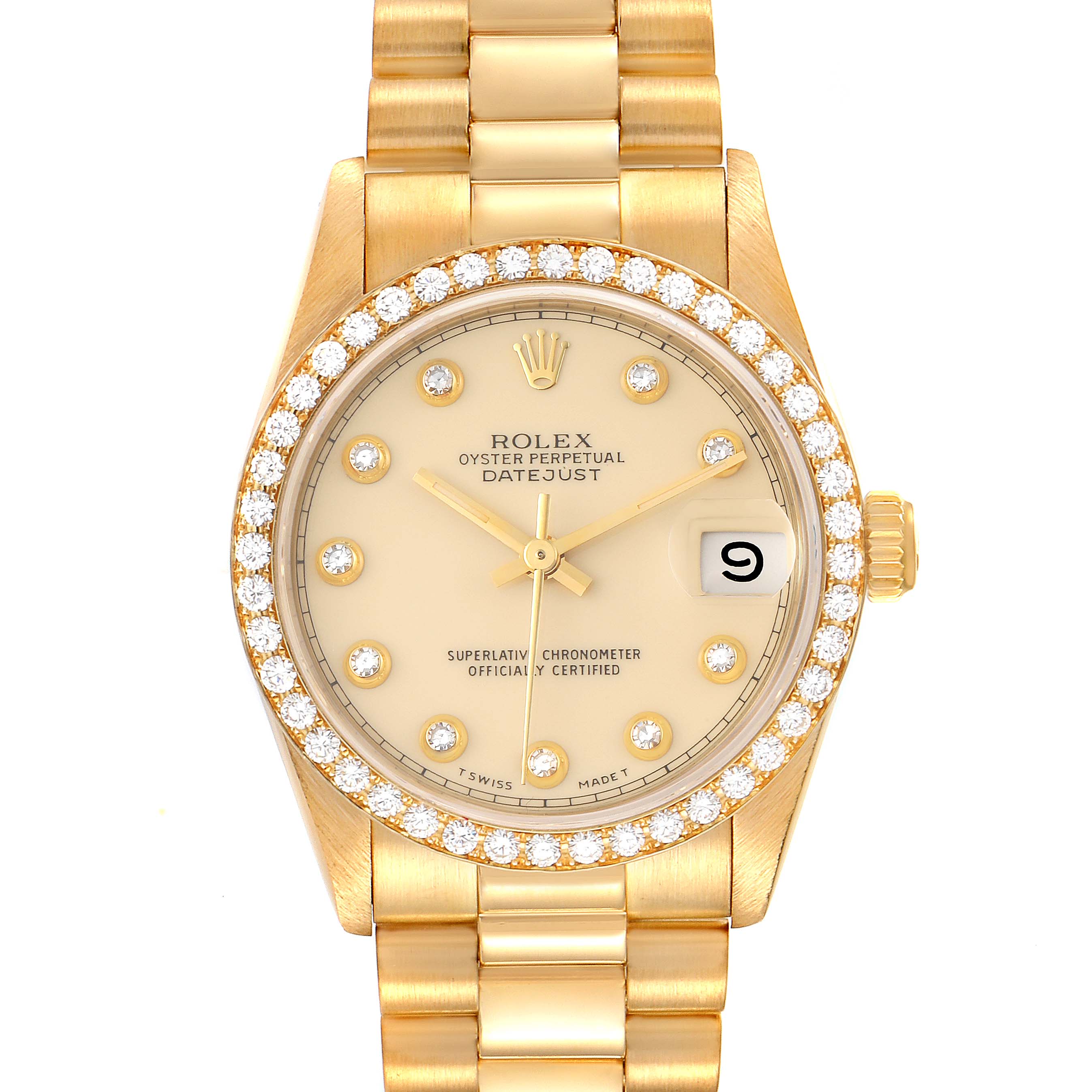 The Rolex President 68288 Women's Yellow Gold Beige Dial 68288 Women's Yellow Gold Beige Dial model is shown from a top-down angle, highlighting its face, bezel, and bracelet.