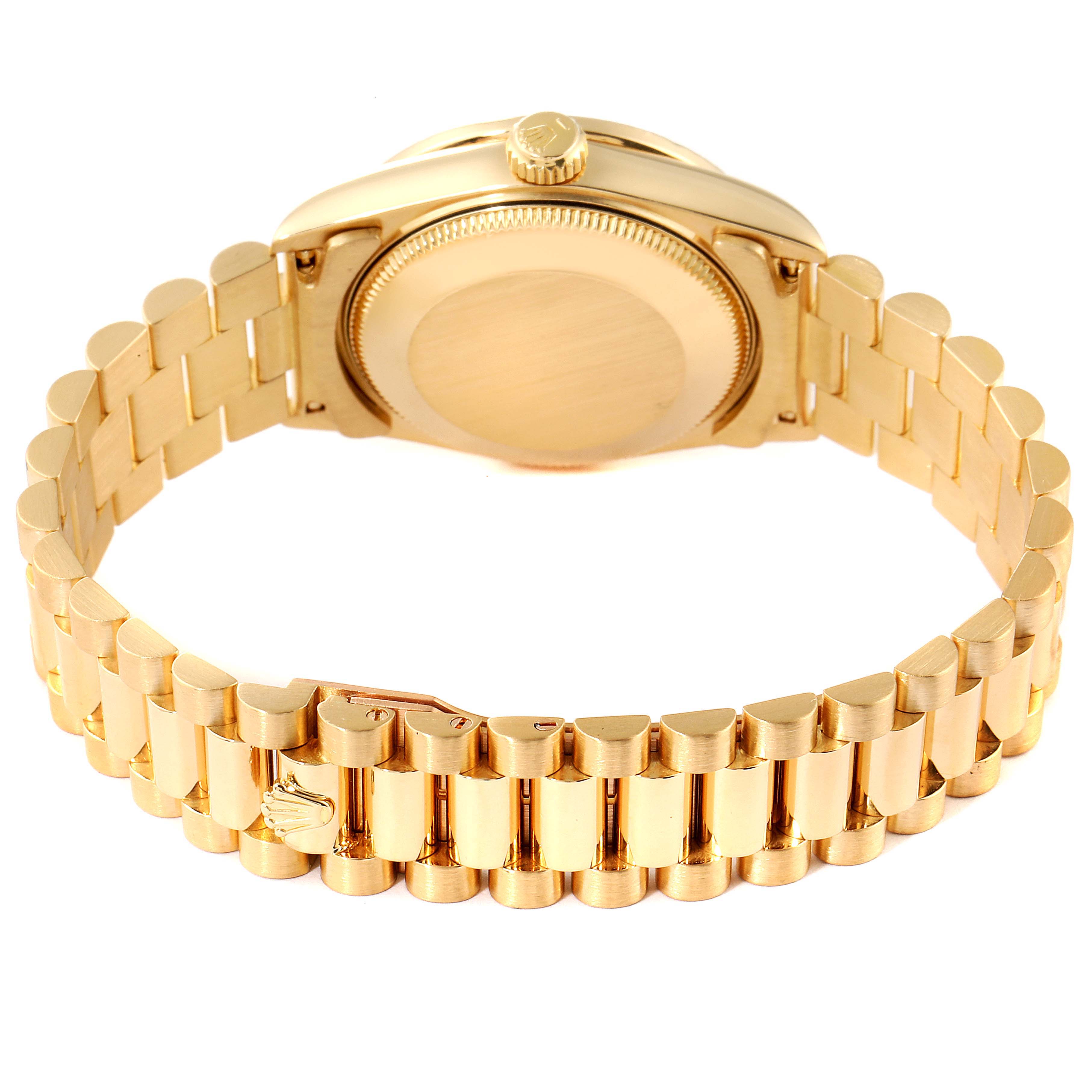 The image shows the backside and bracelet of the Rolex President 68288 Women's Yellow Gold Beige Dial 68288 Women's Yellow Gold Beige Dial model watch, highlighting its gold case and linked band.