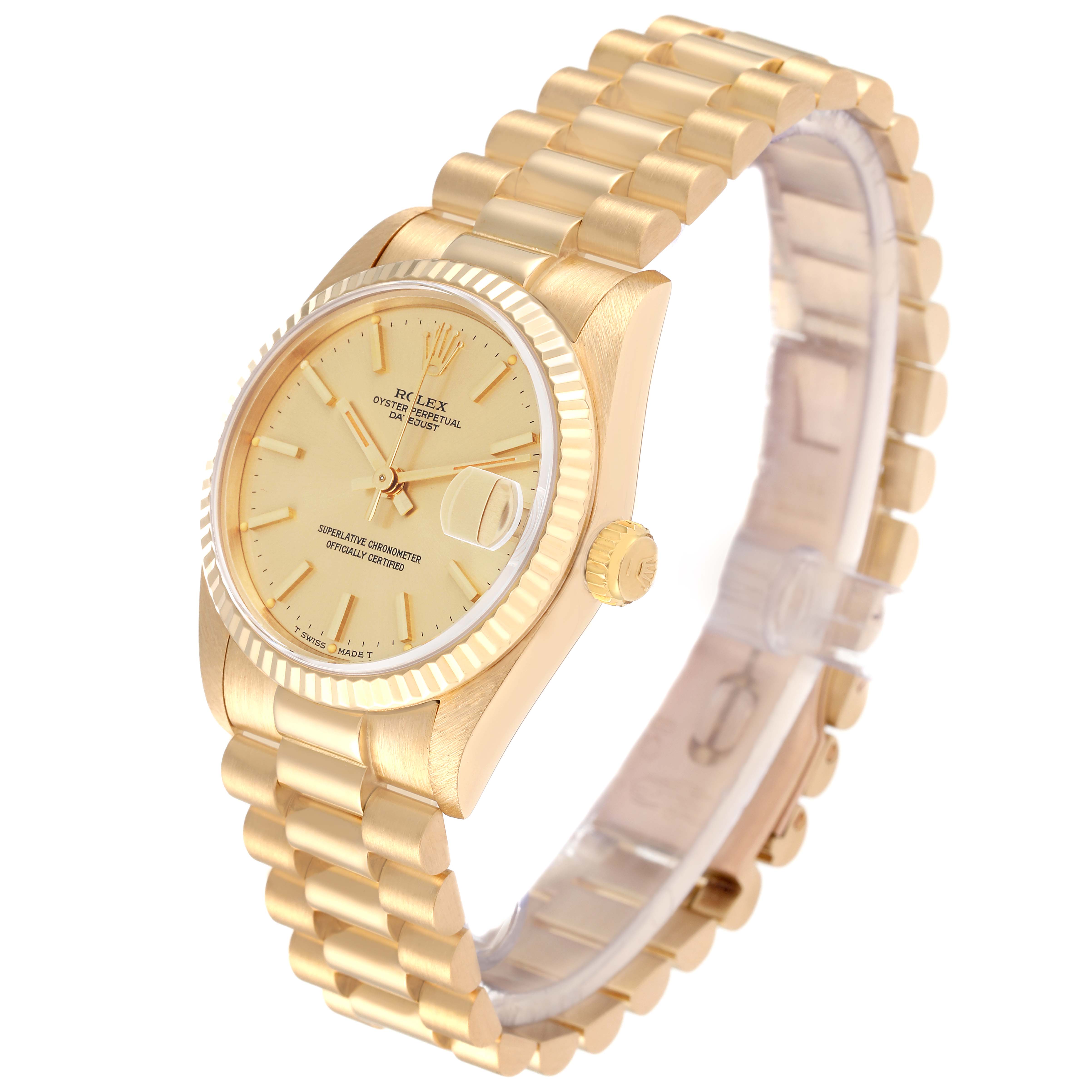The Rolex President 68278 Women's Yellow Gold Champagne Dial 68278 Women's Yellow Gold Champagne Dial model watch is shown at a three-quarter angle, displaying its gold case, bracelet, and dial.
