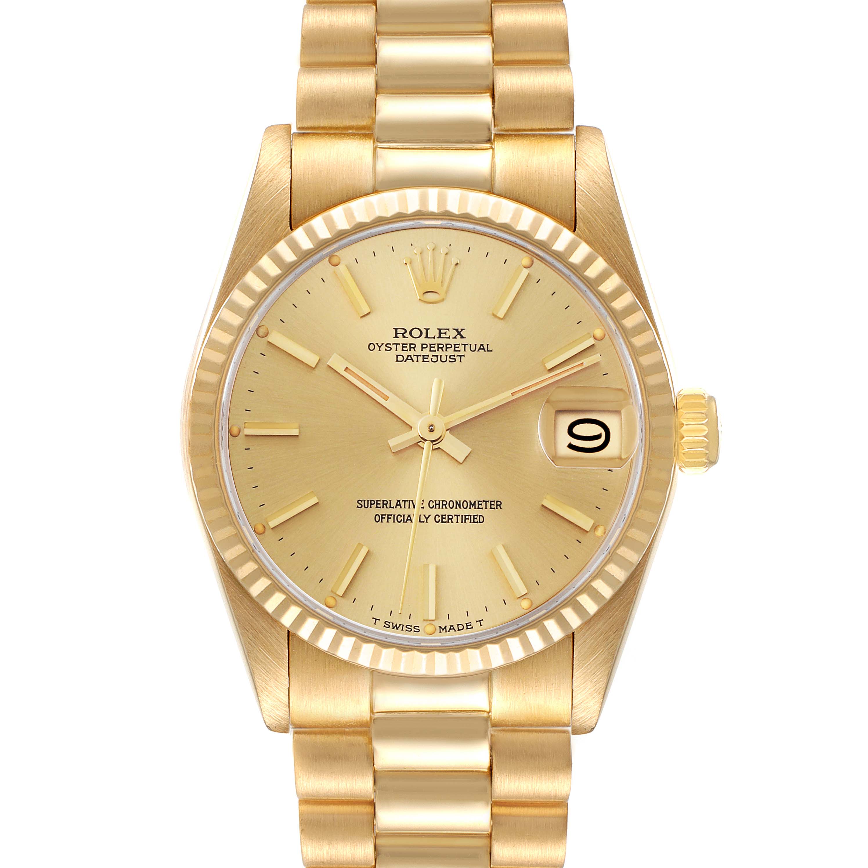 This image shows a front view of the Rolex President 68278 Women's Yellow Gold Champagne Dial 68278 Women's Yellow Gold Champagne Dial model watch, highlighting the dial, bezel, and bracelet.