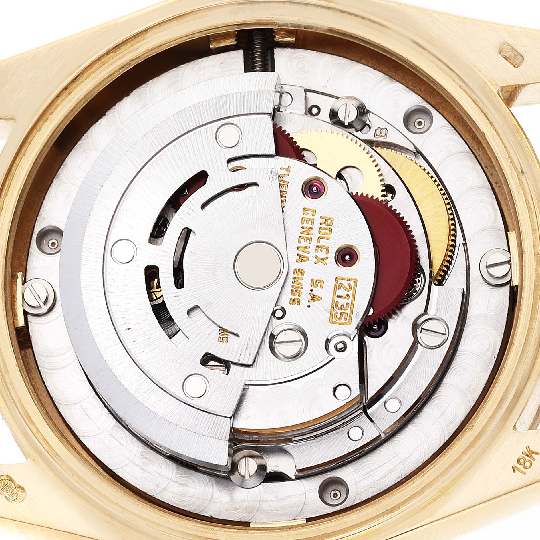 The image shows the internal movement of a Rolex President 68278 Women's Yellow Gold Champagne Dial 68278 Women's Yellow Gold Champagne Dial model watch from a top view angle.