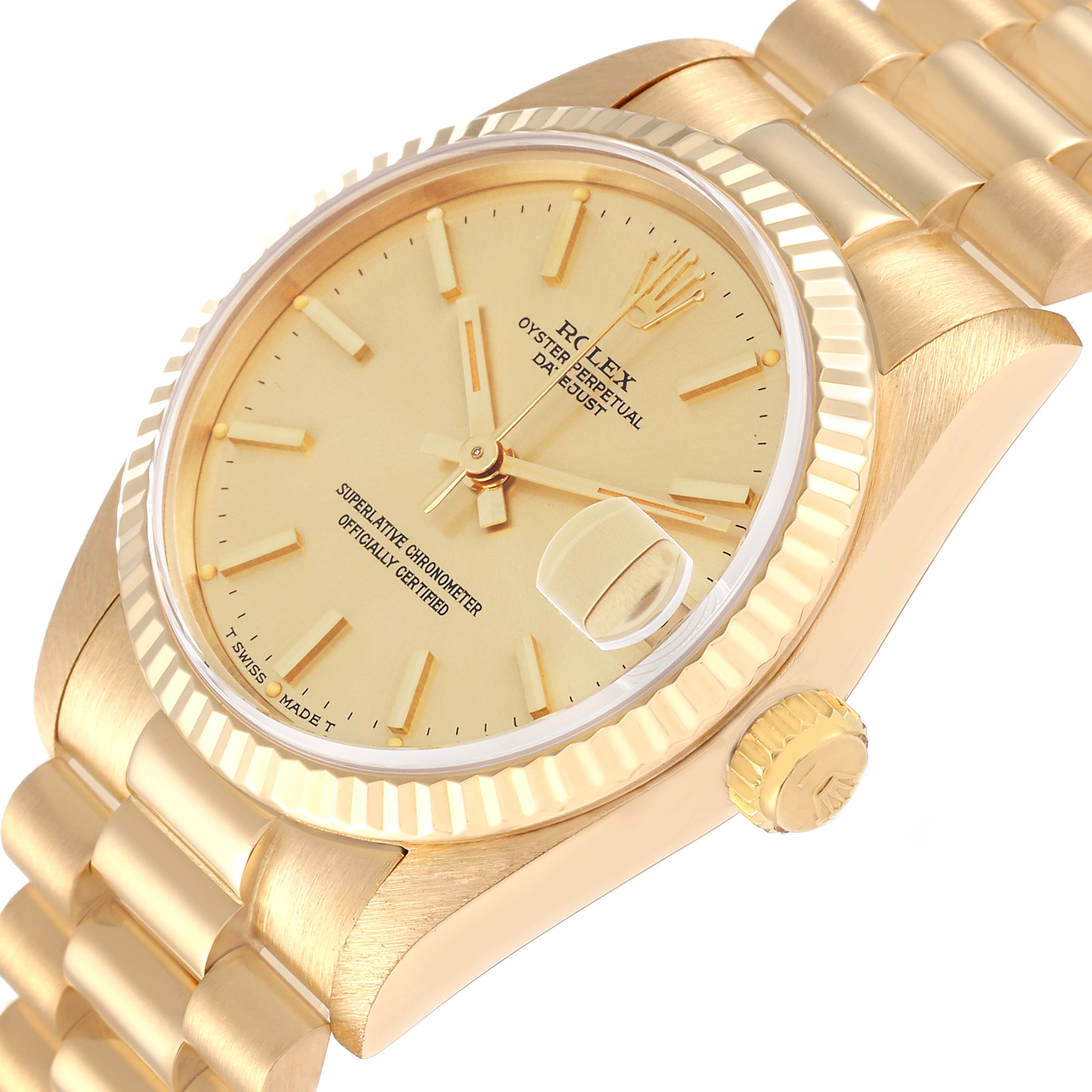 This is a close-up, angled view of a Rolex President 68278 Women's Yellow Gold Champagne Dial 68278 Women's Yellow Gold Champagne Dial model, featuring its dial, bezel, crown, and part of its bracelet.