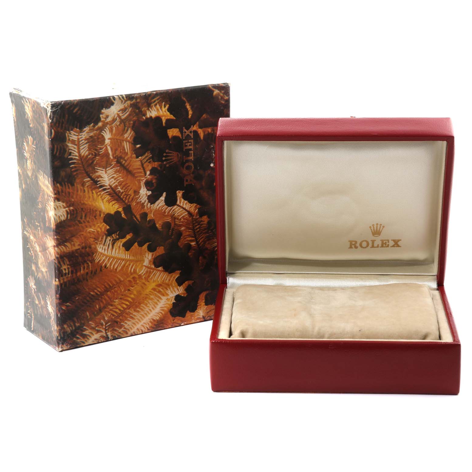 This image shows a Rolex box for the President model with an outer box and an open inner box.