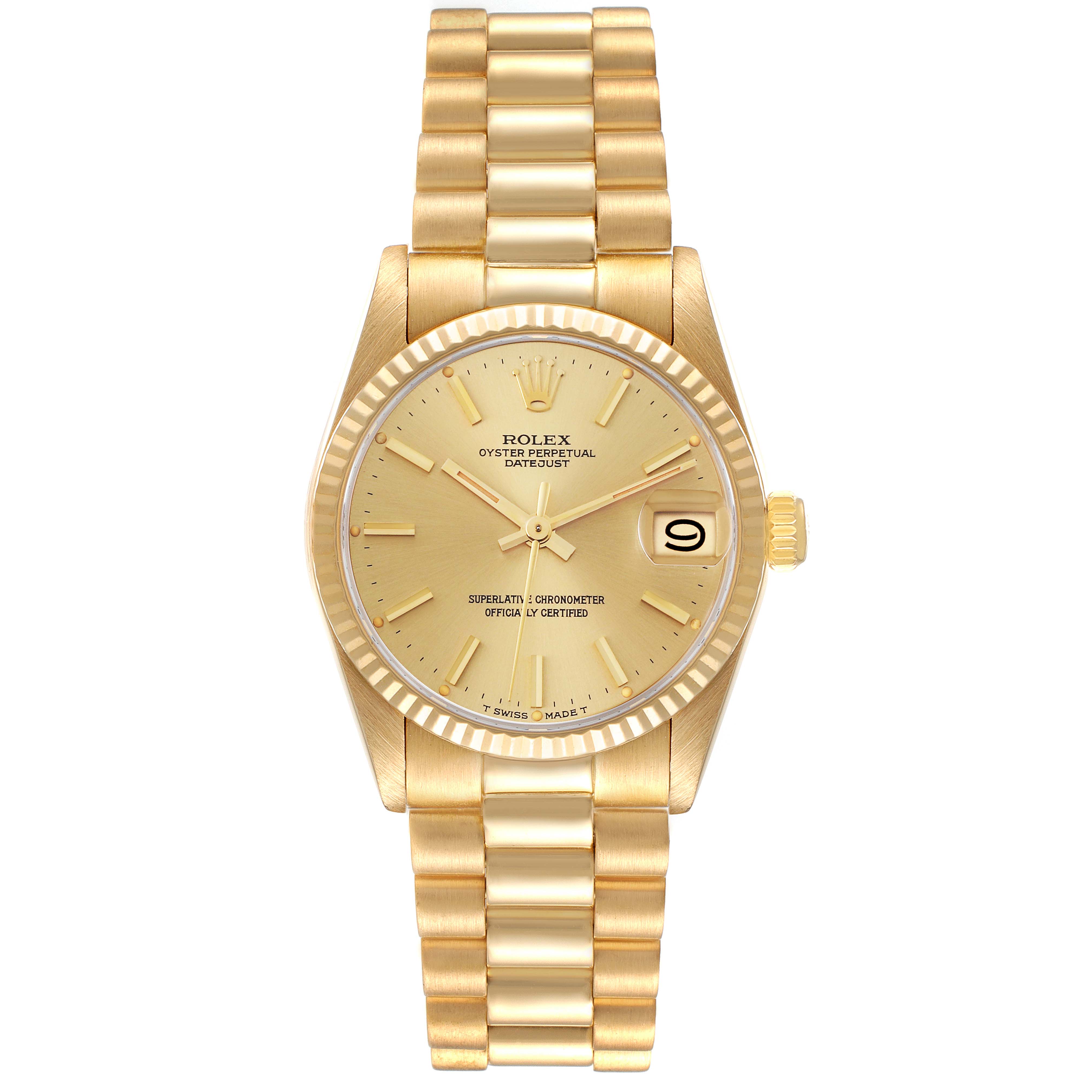 This image displays a front view of the Rolex President 68278 Women's Yellow Gold Champagne Dial 68278 Women's Yellow Gold Champagne Dial model watch, showcasing its band, face, and date window.