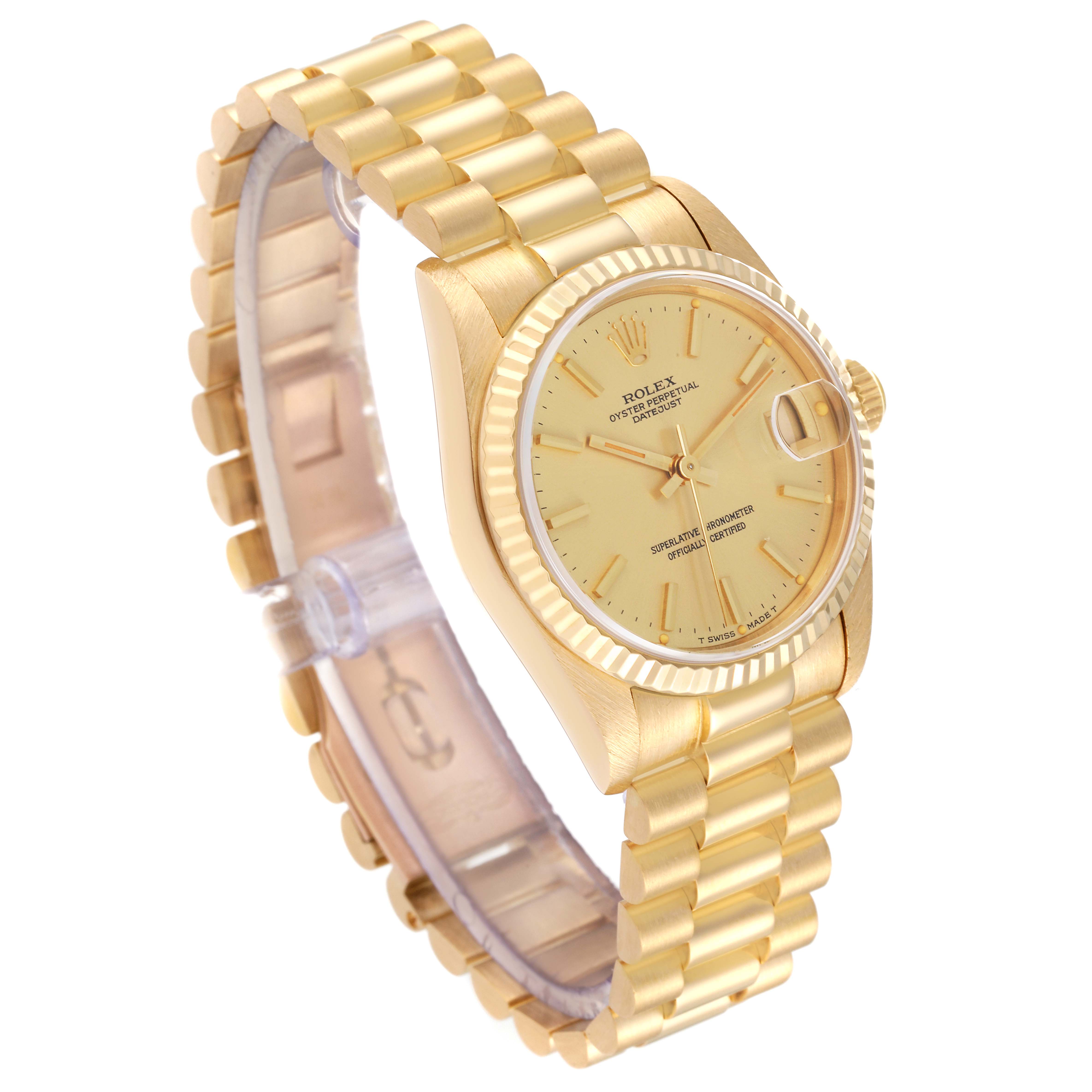 This is a diagonal view of a Rolex President 68278 Women's Yellow Gold Champagne Dial 68278 Women's Yellow Gold Champagne Dial model watch, showing the gold bracelet, case, dial, and fluted bezel.