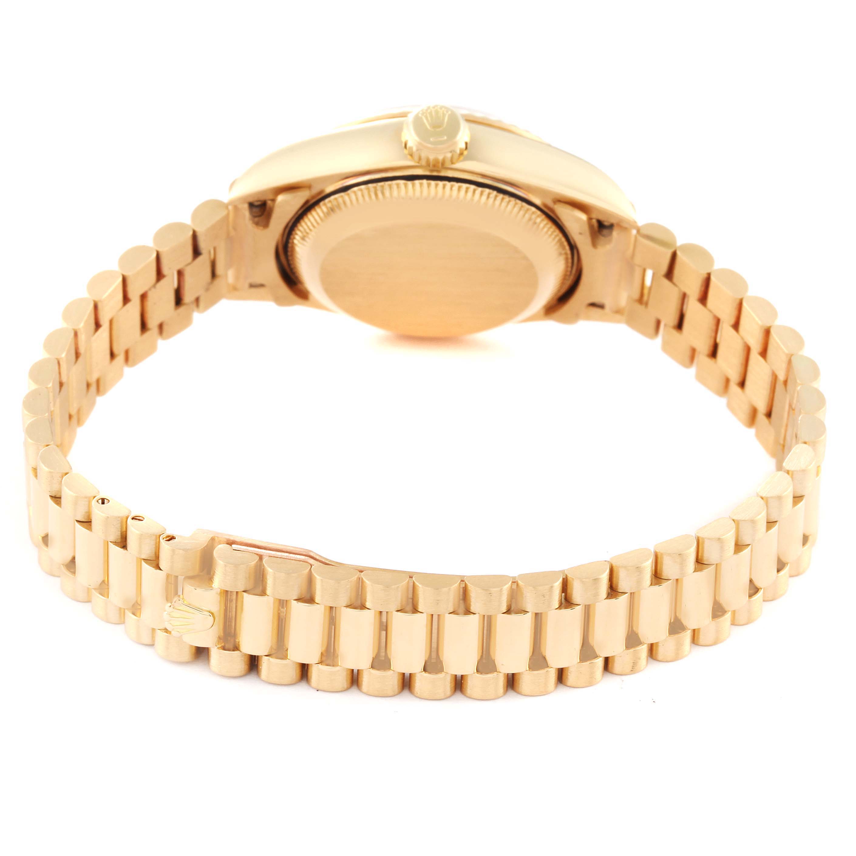 The image shows the back view of a Rolex President 69178 Women
s Yellow Gold Champagne Dial 69178 Women
s Yellow Gold Champagne Dial model watch, highlighting the bracelet and case back.