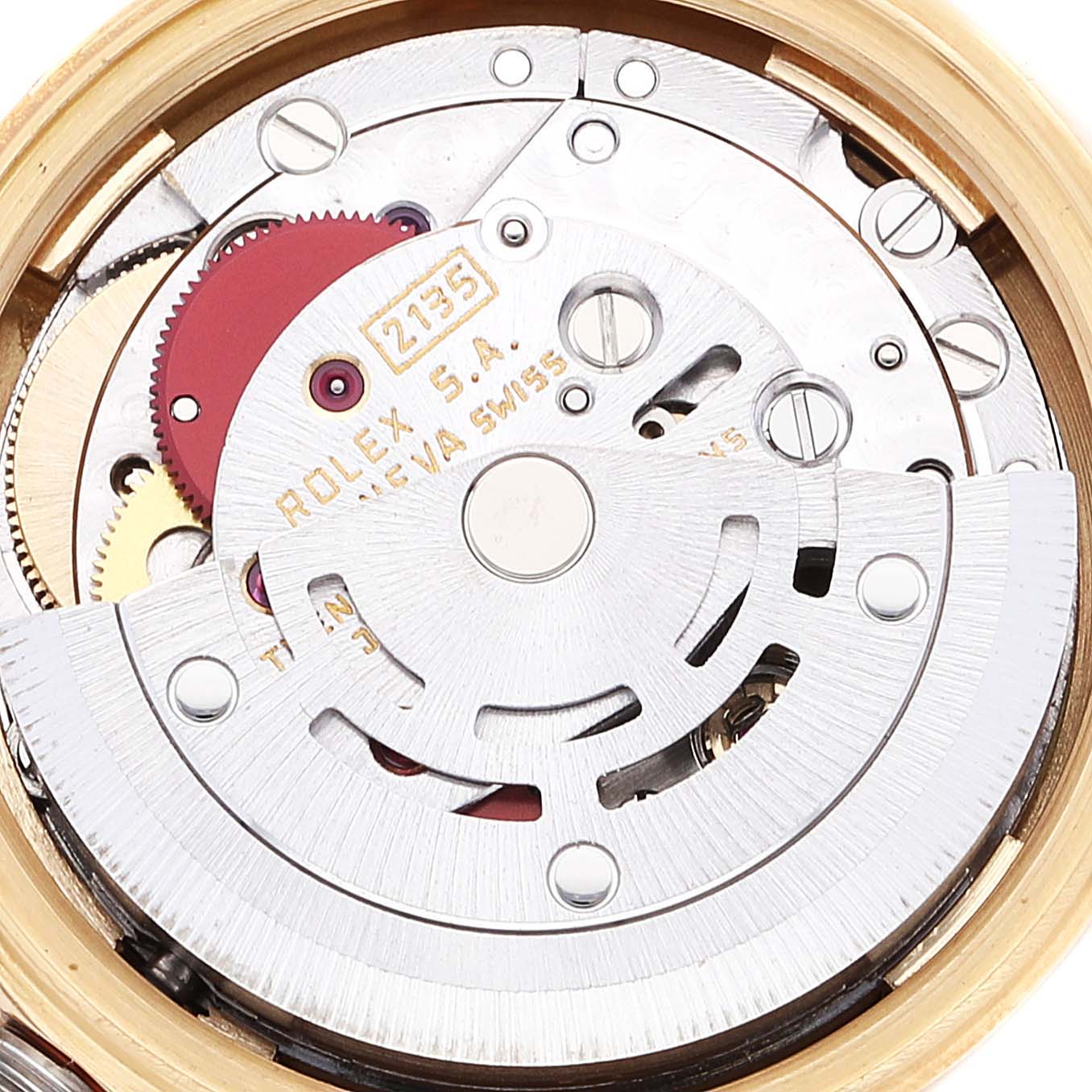 This image shows an up-close view of the internal movement mechanism of the Rolex President 69178 Women
s Yellow Gold Champagne Dial 69178 Women
s Yellow Gold Champagne Dial model watch.