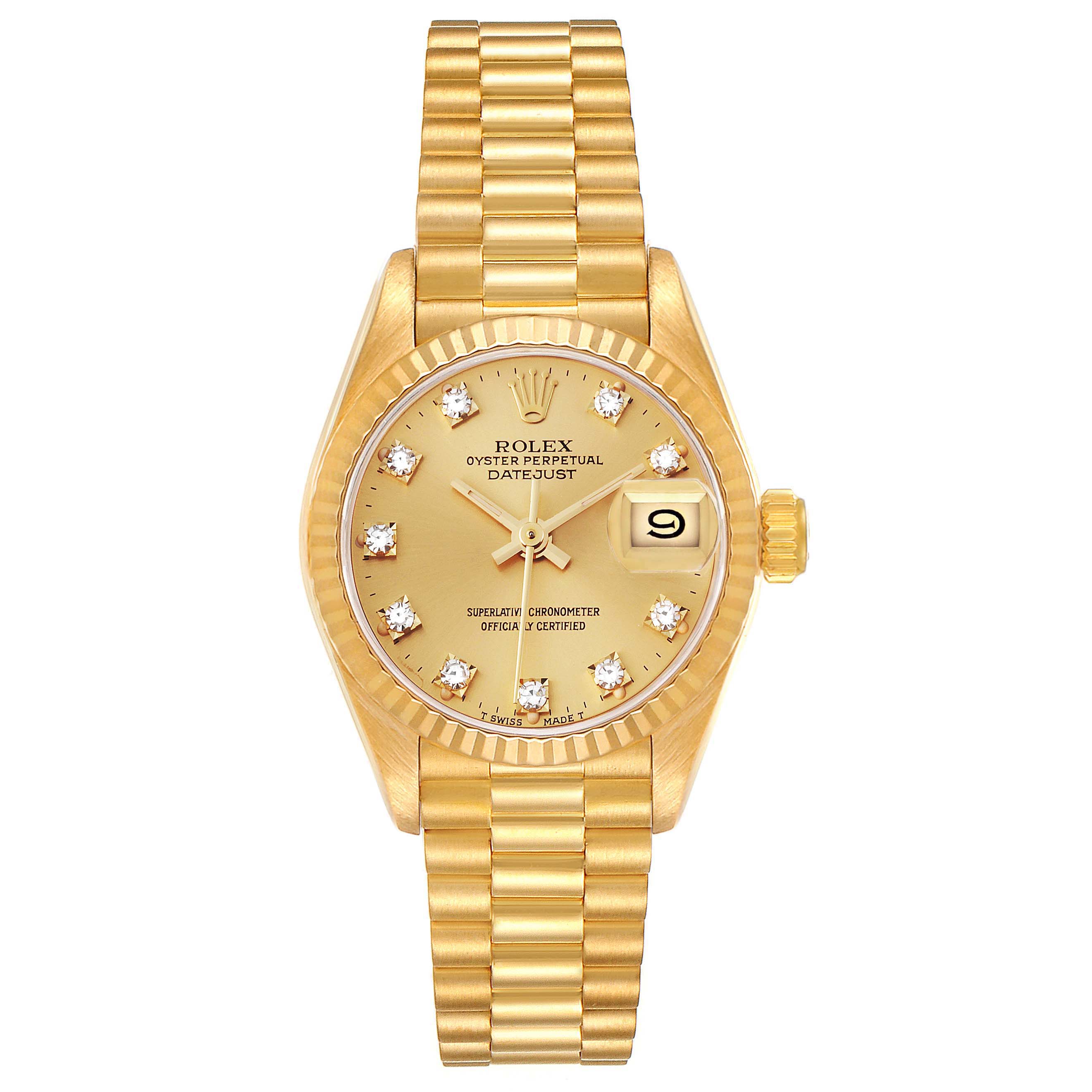 The image shows a frontal view of a Rolex President 69178 Women
s Yellow Gold Champagne Dial 69178 Women
s Yellow Gold Champagne Dial model watch, highlighting its gold case, dial, and bracelet.