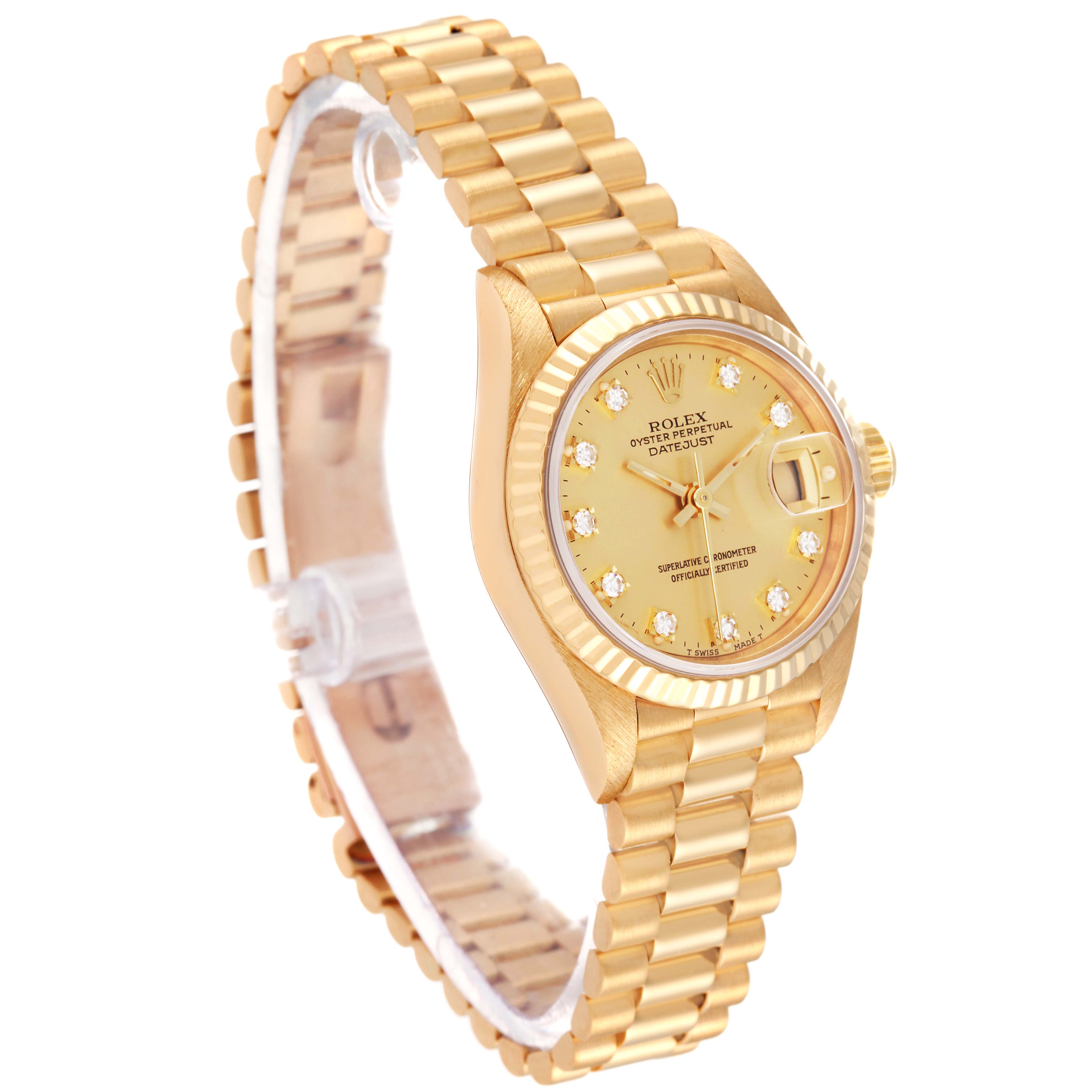 The Rolex President 69178 Women
s Yellow Gold Champagne Dial 69178 Women
s Yellow Gold Champagne Dial watch is shown at an angled side view, highlighting its face, band, and fluted bezel.