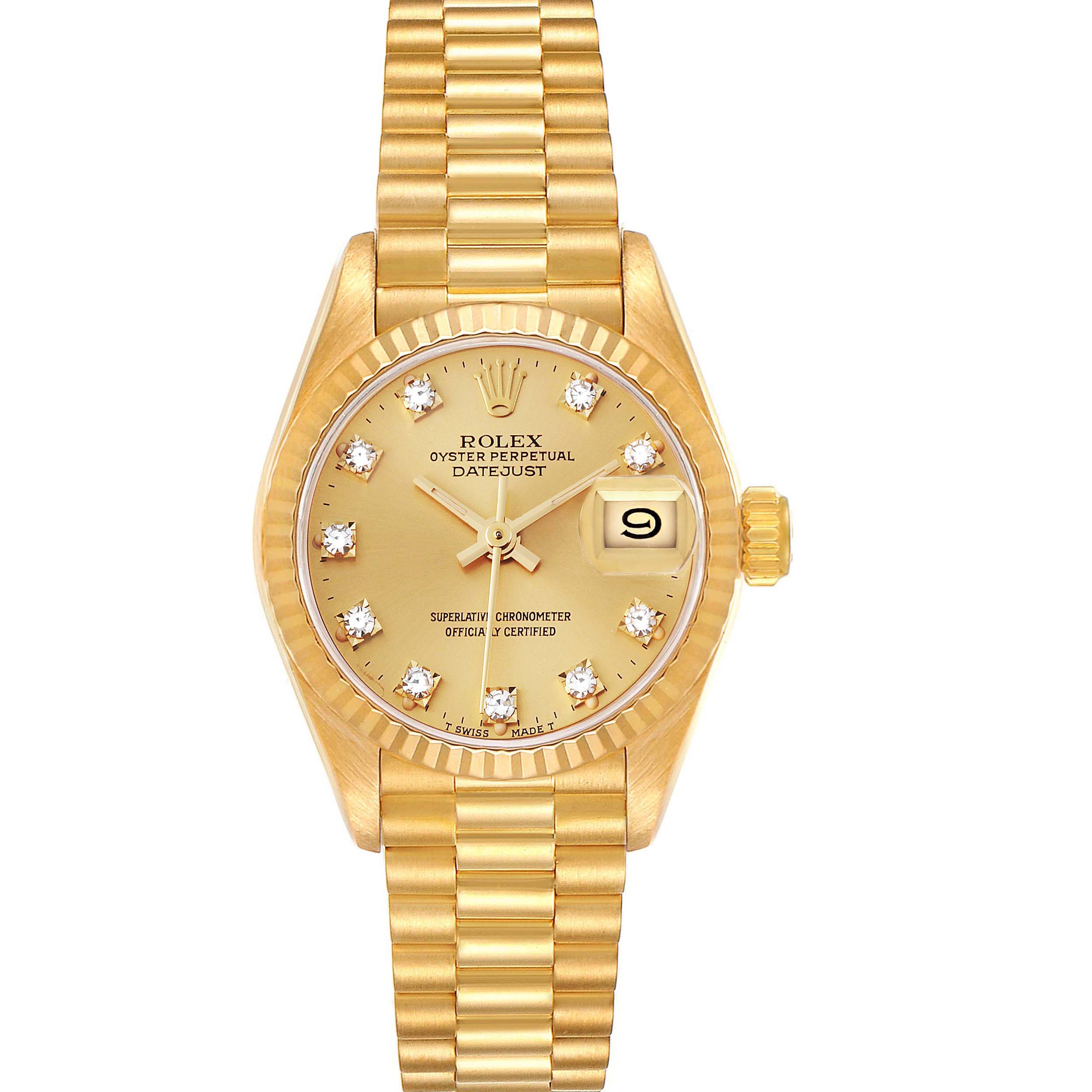 The image shows a front view of a Rolex President 69178 Women
s Yellow Gold Champagne Dial 69178 Women
s Yellow Gold Champagne Dial model watch, displaying its gold bracelet, dial, date window, and bezel.