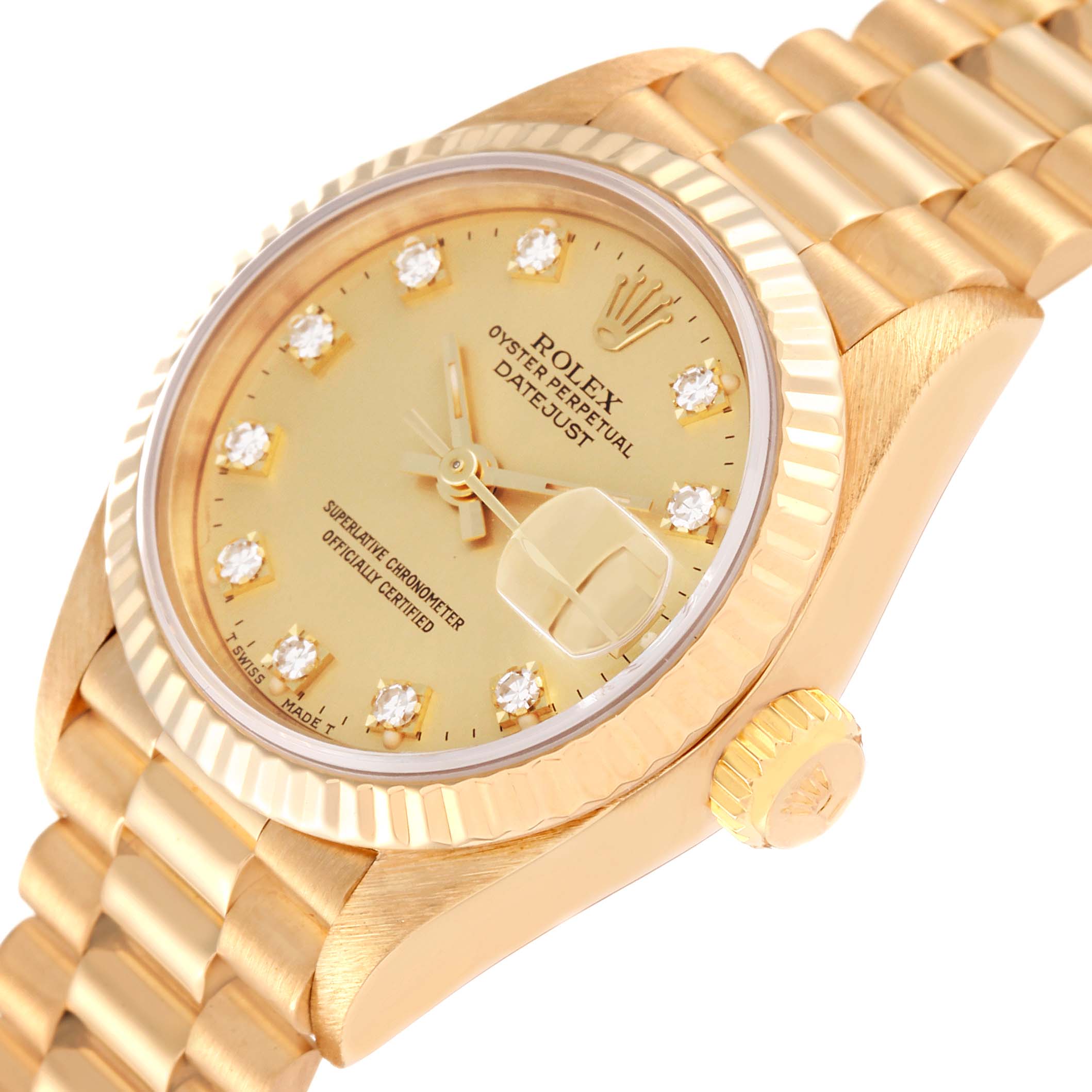 The image shows a close-up of the Rolex President 69178 Women
s Yellow Gold Champagne Dial 69178 Women
s Yellow Gold Champagne Dial Datejust model watch, highlighting the dial, bezel, and bracelet.
