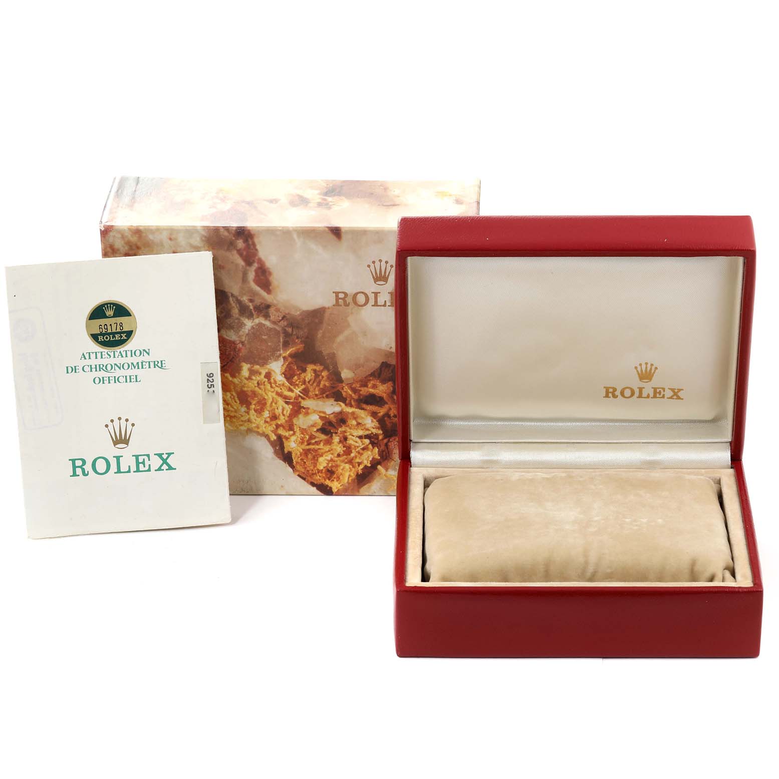 The image shows a Rolex President 69178 Women
s Yellow Gold Champagne Dial 69178 Women
s Yellow Gold Champagne Dial model box, certificate, and outer packaging at a frontal angle.
