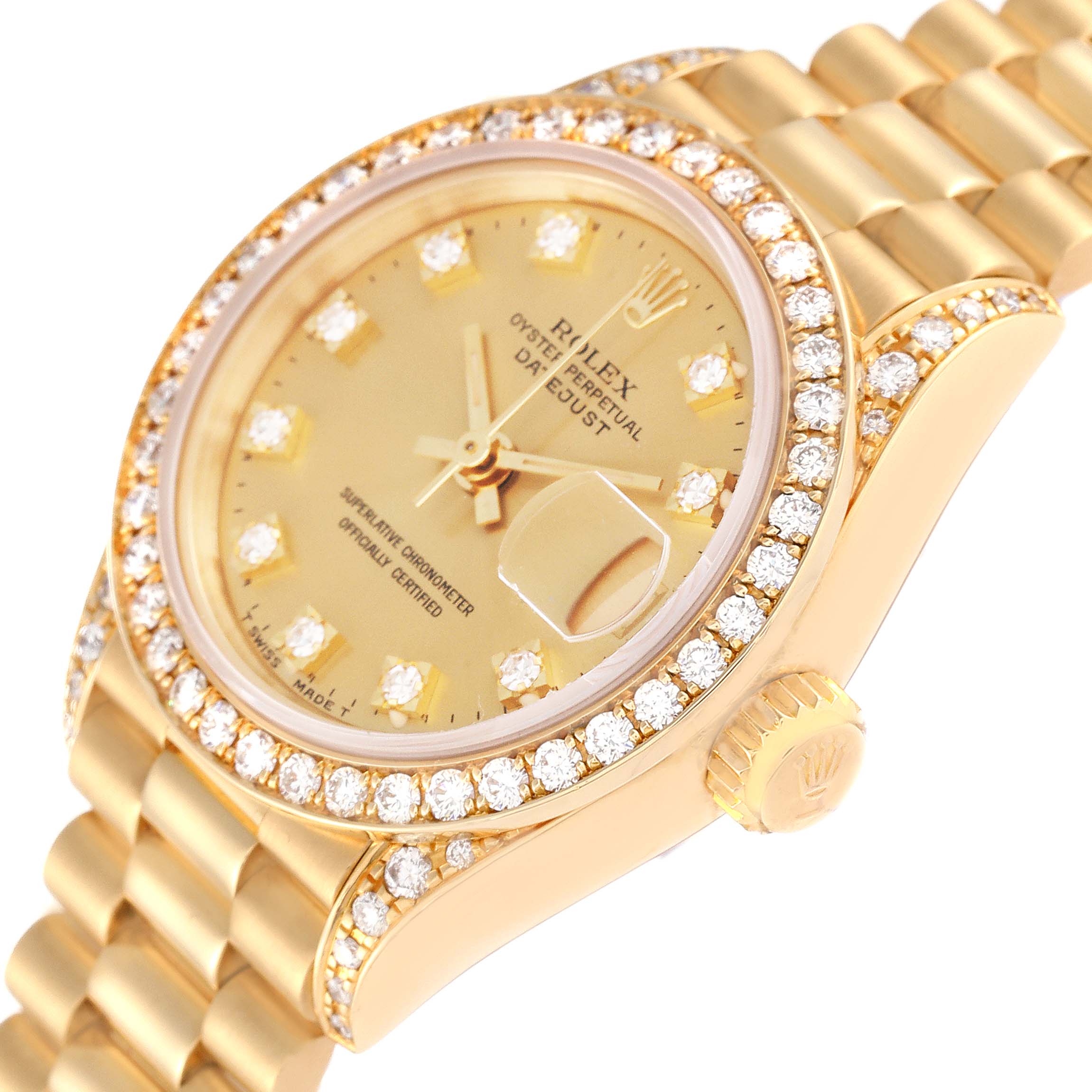 The Rolex President 69158 Women
s Yellow Gold Champagne Dial 69158 Women
s Yellow Gold Champagne Dial model watch is shown at an angle displaying the dial, bezel, crown, and bracelet.