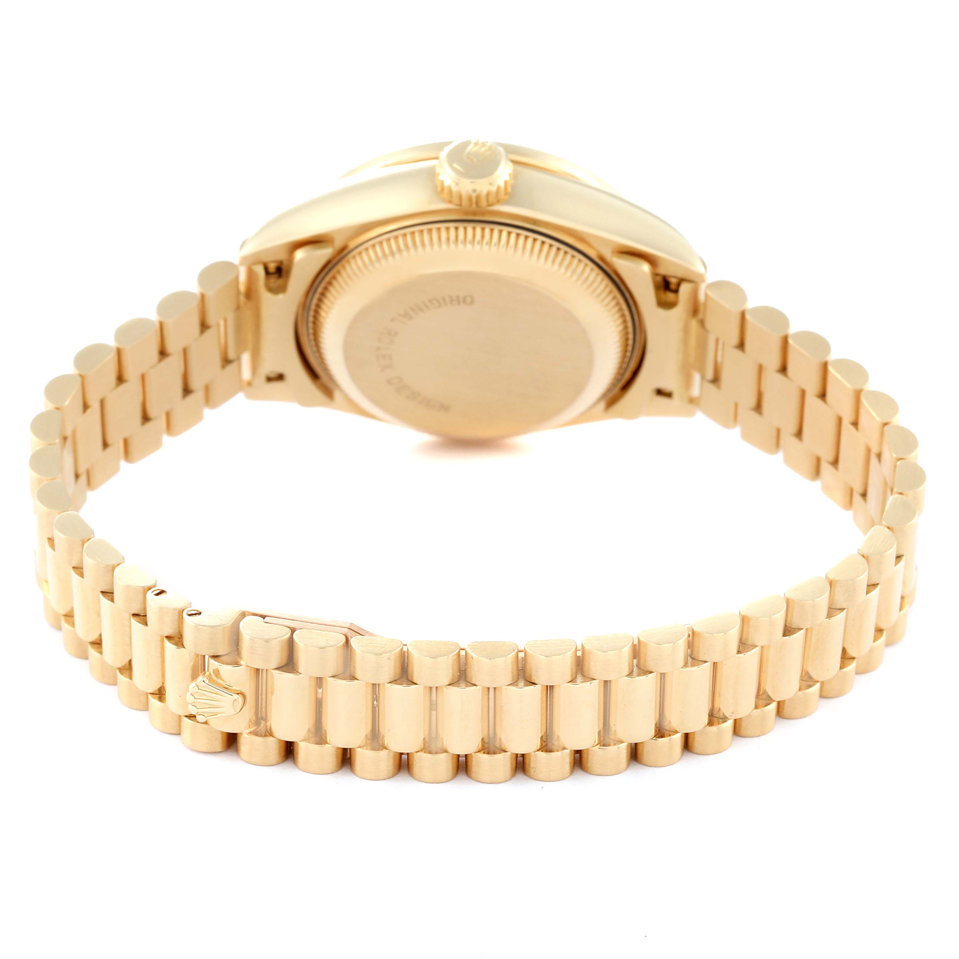 The image shows the back and bracelet of a Rolex President 69158 Women
s Yellow Gold Champagne Dial 69158 Women
s Yellow Gold Champagne Dial model watch from a rear angle.