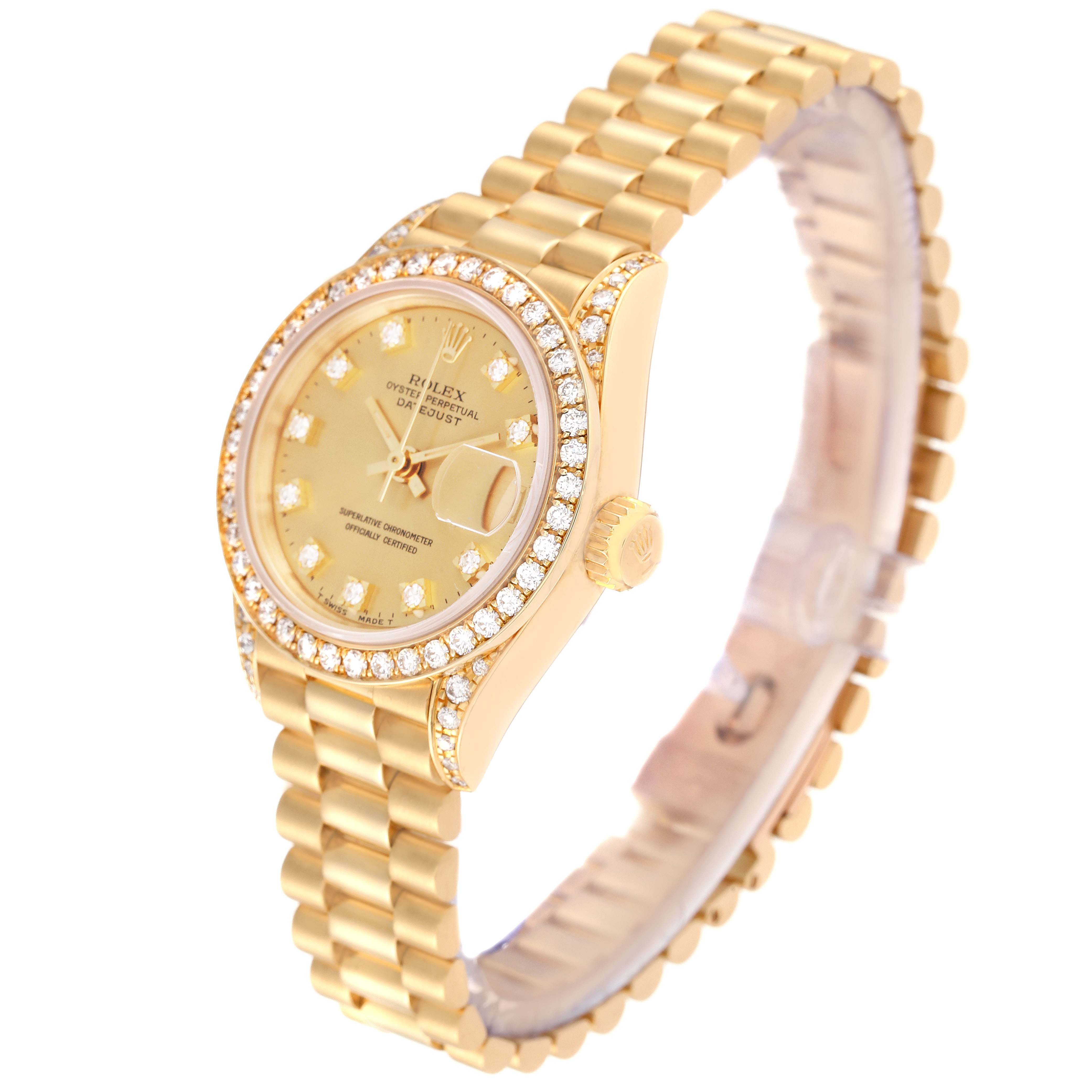 The Rolex President 69158 Women
s Yellow Gold Champagne Dial 69158 Women
s Yellow Gold Champagne Dial model is shown from an oblique angle highlighting the dial, bezel, bracelet, and crown.