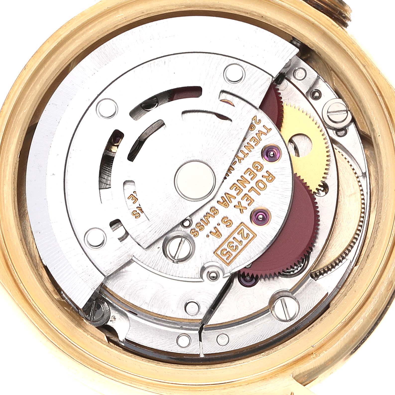 This image shows the internal movement mechanism of a Rolex President 69158 Women
s Yellow Gold Champagne Dial 69158 Women
s Yellow Gold Champagne Dial model watch, viewed from the back.