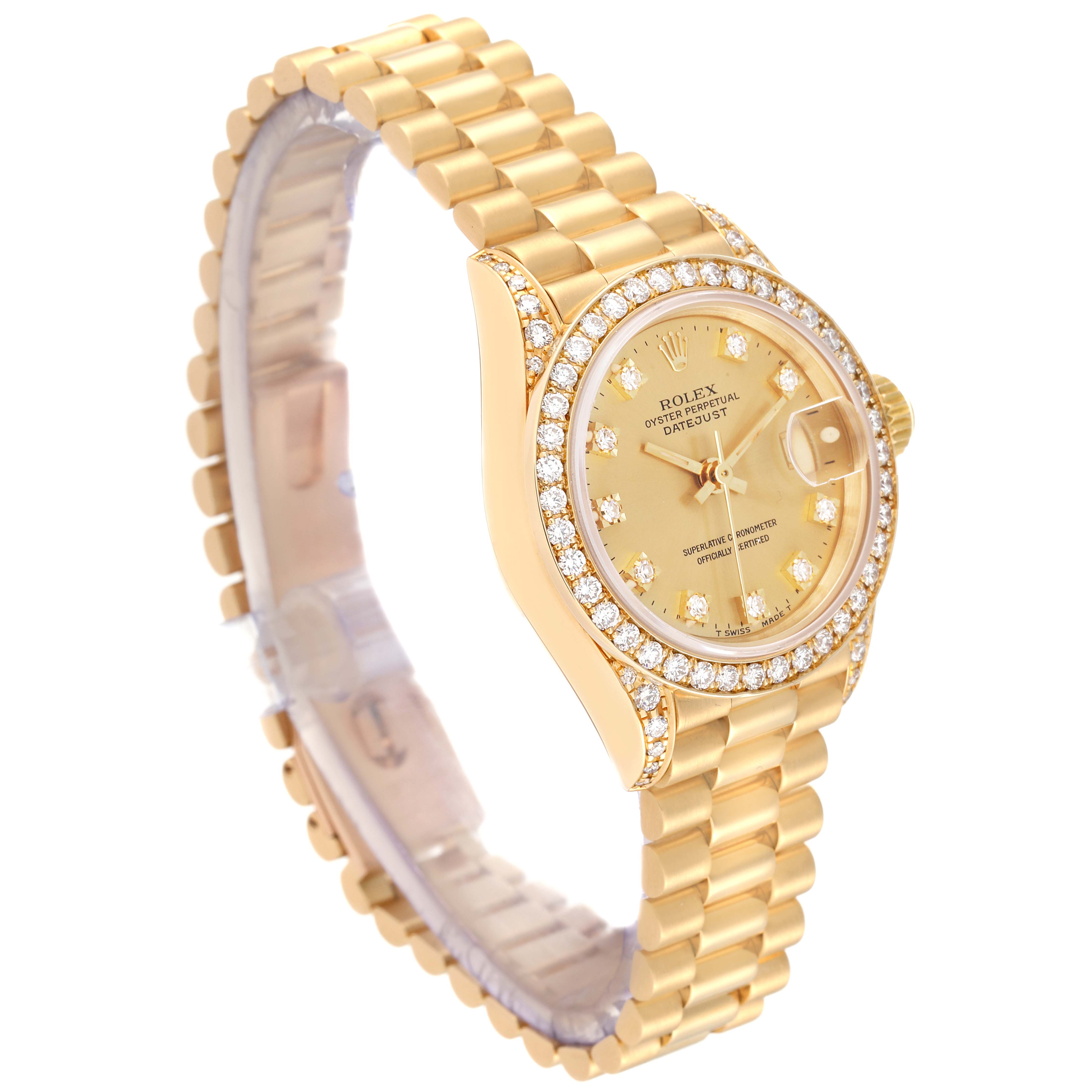 The image shows an angled view of the Rolex President 69158 Women
s Yellow Gold Champagne Dial 69158 Women
s Yellow Gold Champagne Dial model watch, highlighting its gold bracelet and diamond-encrusted bezel.