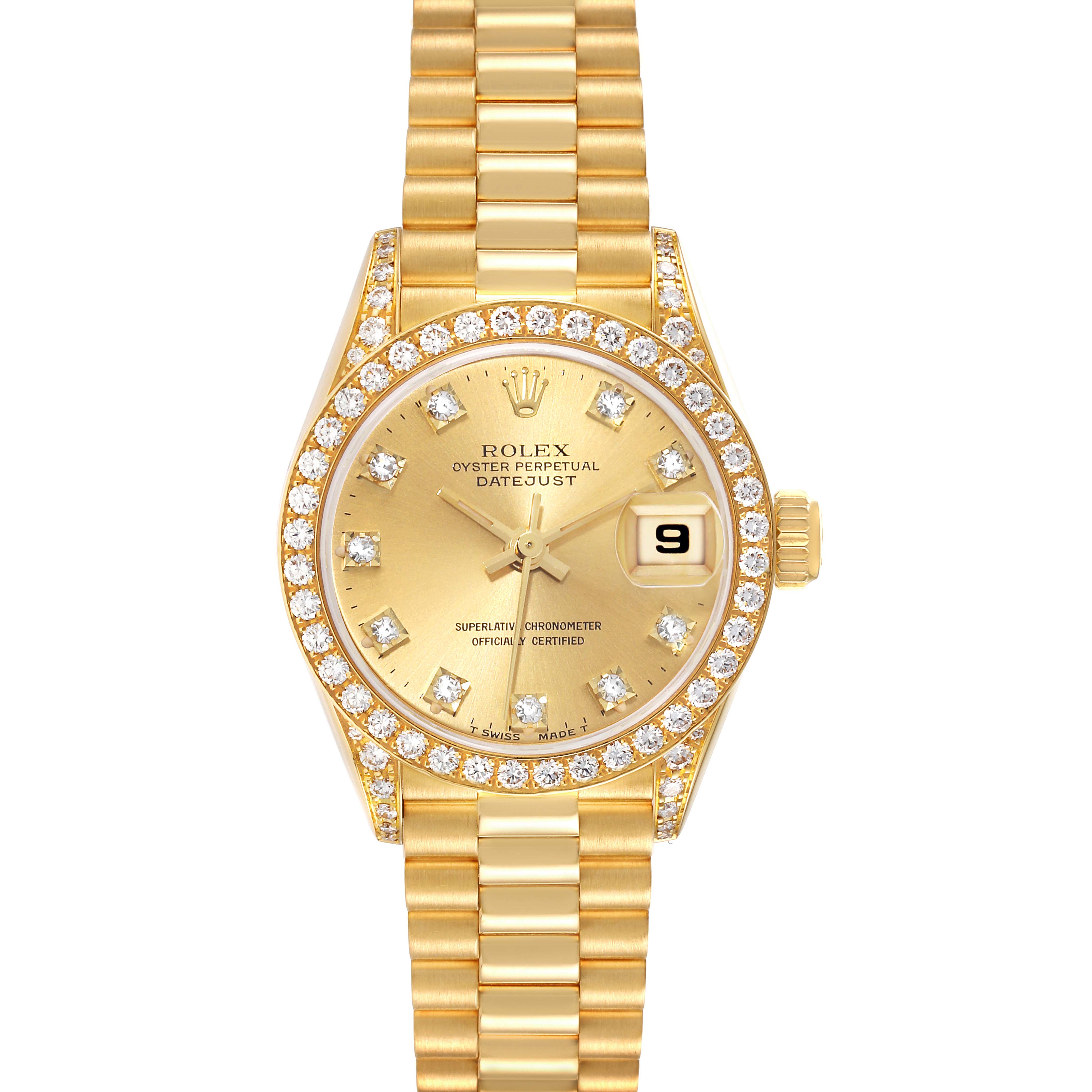 The image shows a front view of a Rolex President 69158 Women
s Yellow Gold Champagne Dial 69158 Women
s Yellow Gold Champagne Dial model Datejust watch, featuring a gold bracelet, diamond bezel, and date display.