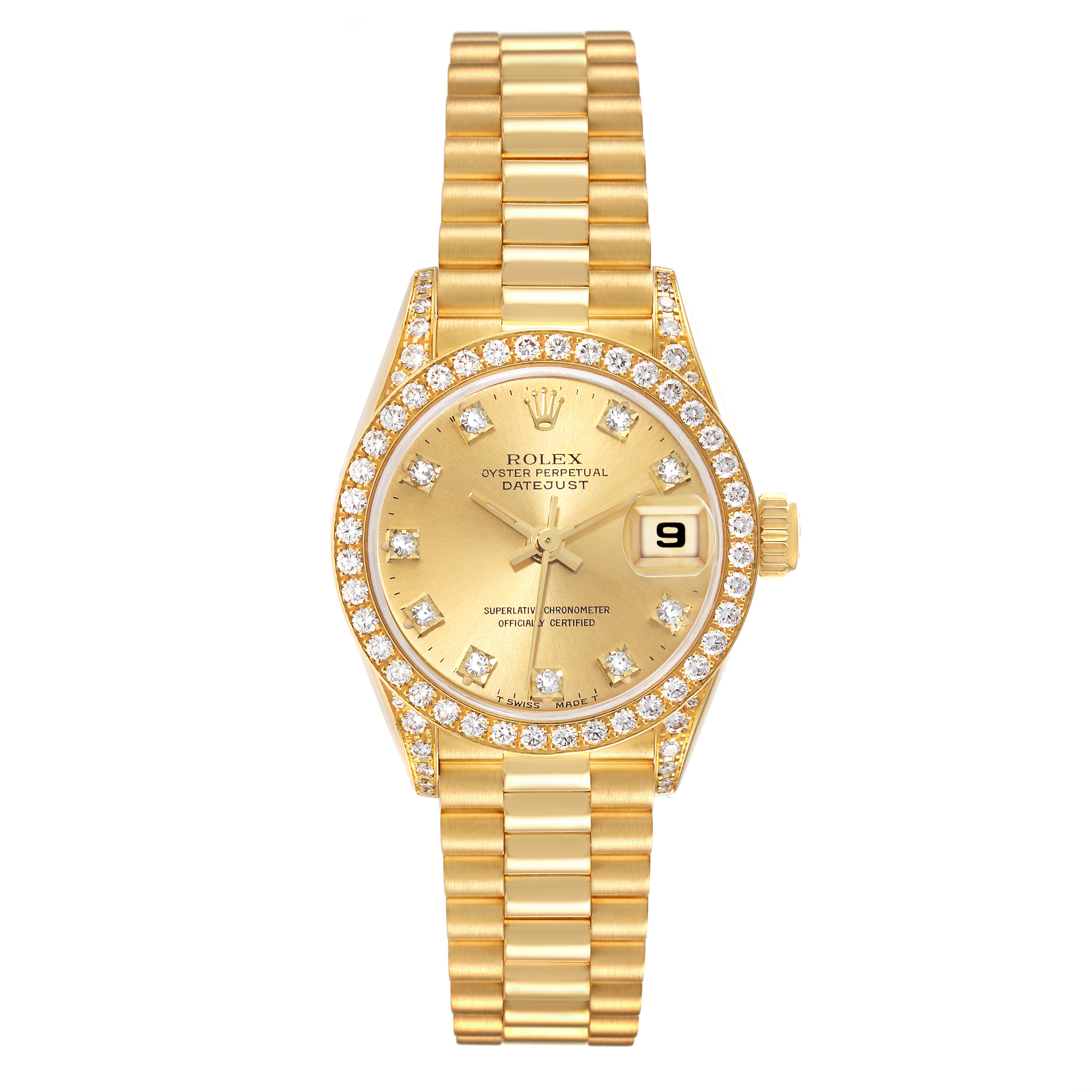 The image shows a Rolex President 69158 Women
s Yellow Gold Champagne Dial 69158 Women
s Yellow Gold Champagne Dial model watch, exhibiting its dial, bezel, and bracelet from a front angle.