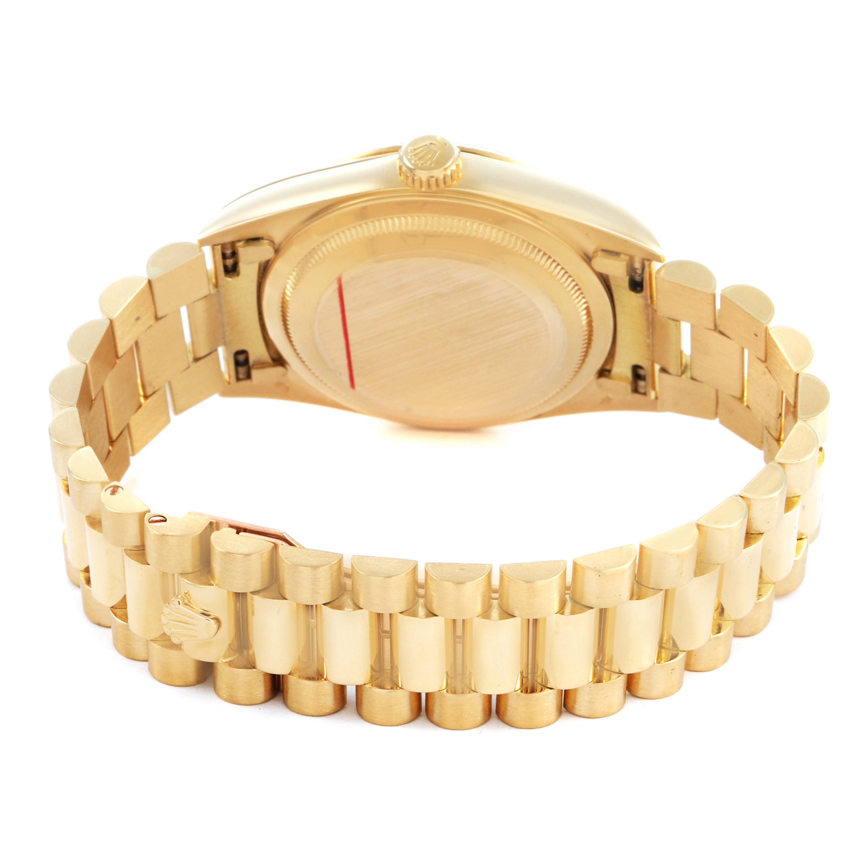 The image shows the back and bracelet of a Rolex President 18238 Men's Yellow Gold Champagne Dial model, highlighting the gold finish and clasp.