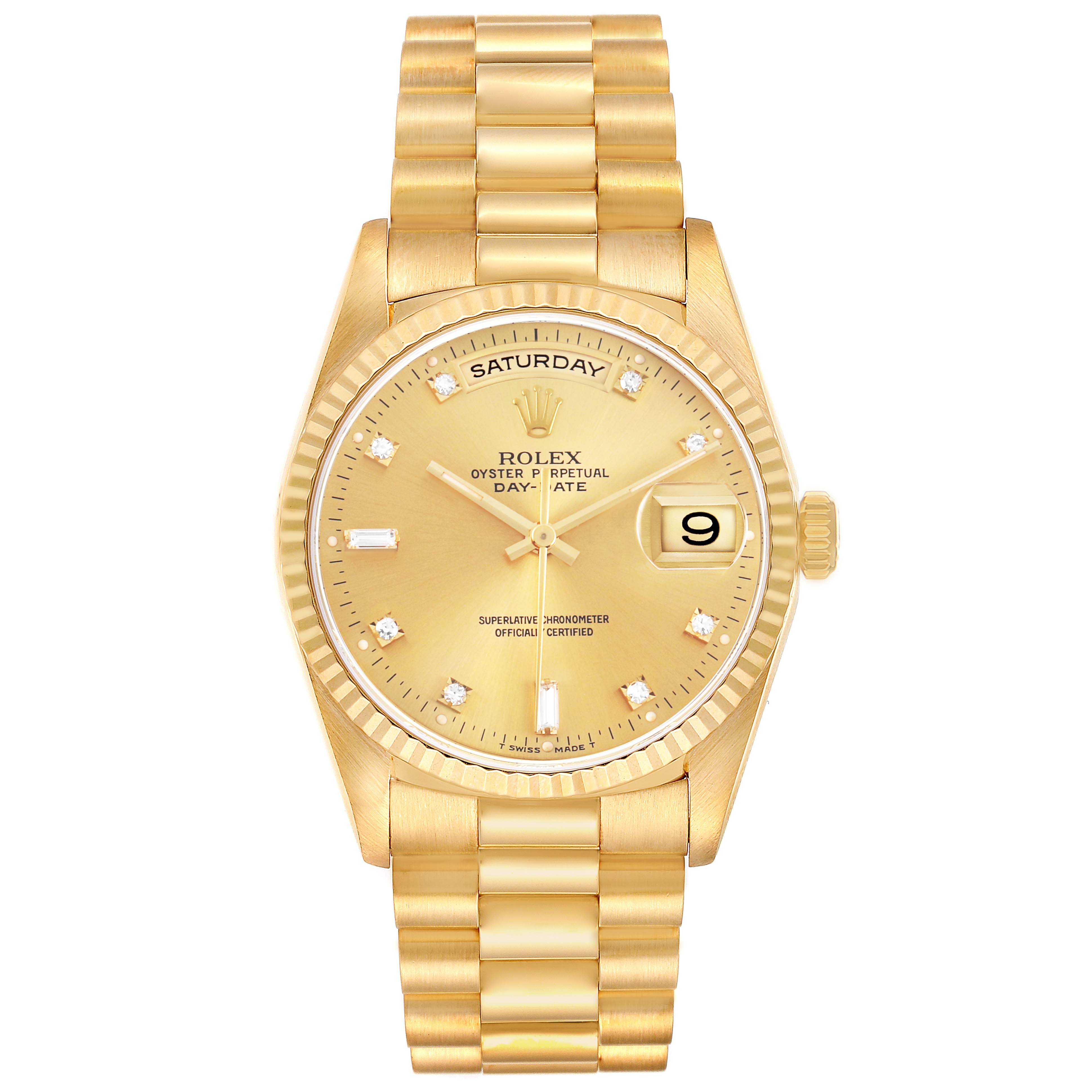 The Rolex President 18238 Men's Yellow Gold Champagne Dial model is shown from a top-down angle, highlighting the gold bracelet, dial, and fluted bezel.