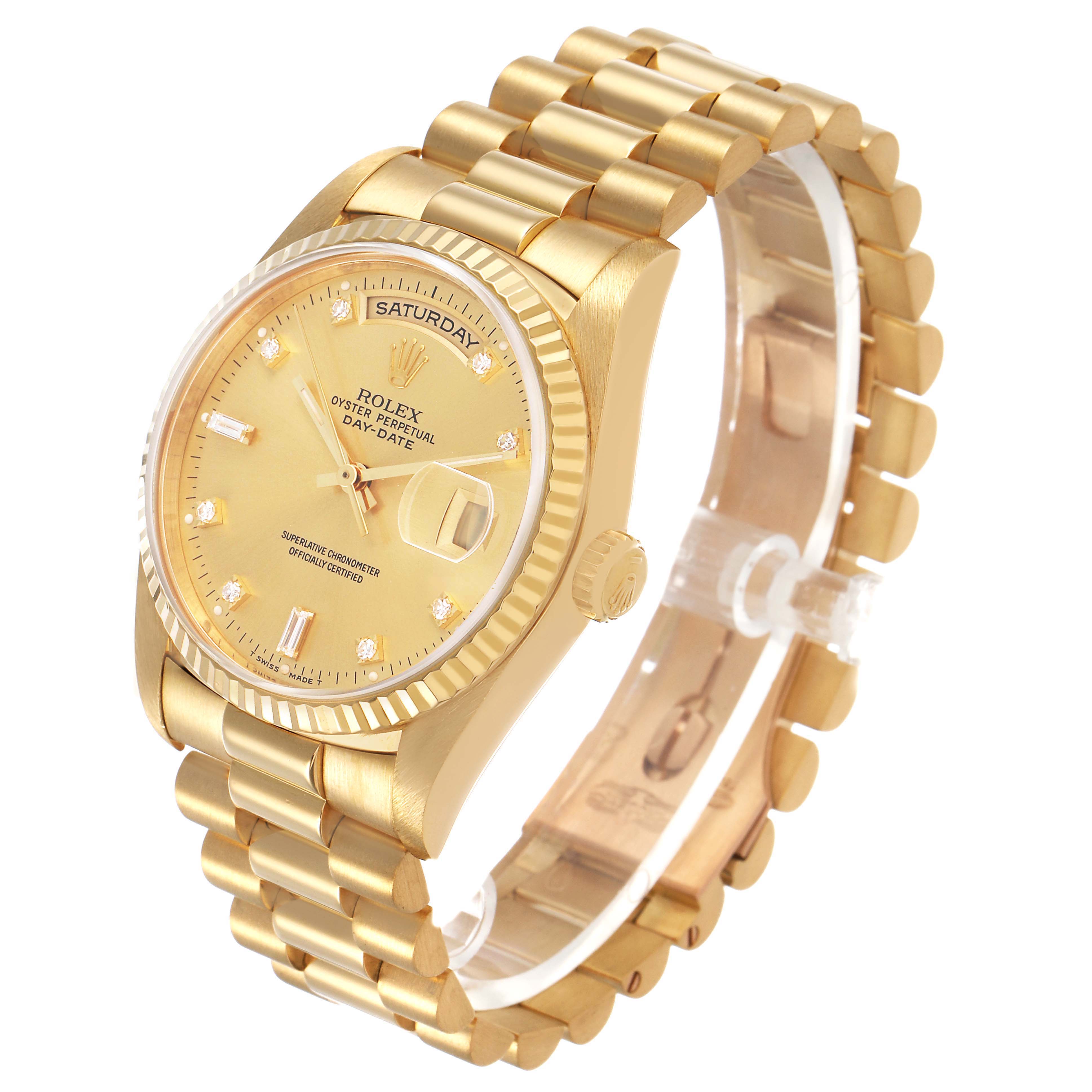 The Rolex President 18238 Men's Yellow Gold Champagne Dial model watch is shown at an angled side view, displaying its gold bracelet and detailed face with a day and date display.